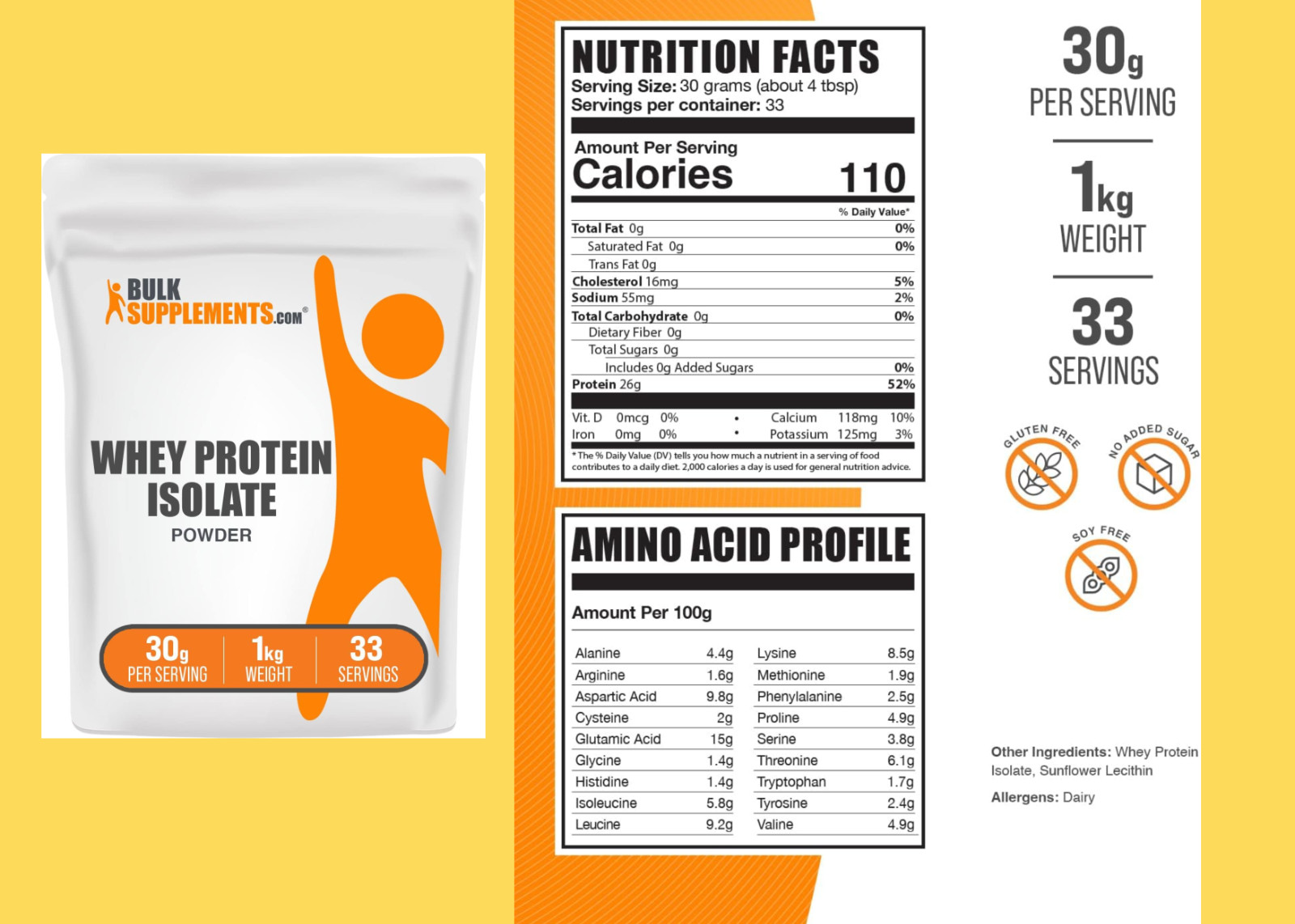 WHEY PROTEIN ISOLATE Powder Unflavored 30g per Serving 1 Kg BULKSUPPLEMENTS