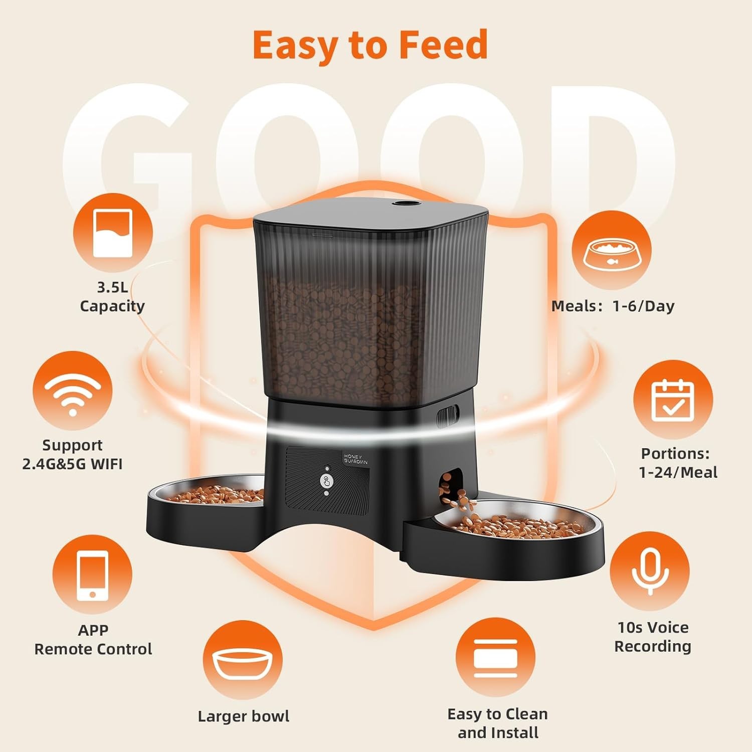 HoneyGuaridan Automatic Cat Feeder for 2 Cats,3.5L Dual Cat Food Dispenser, 2.4G