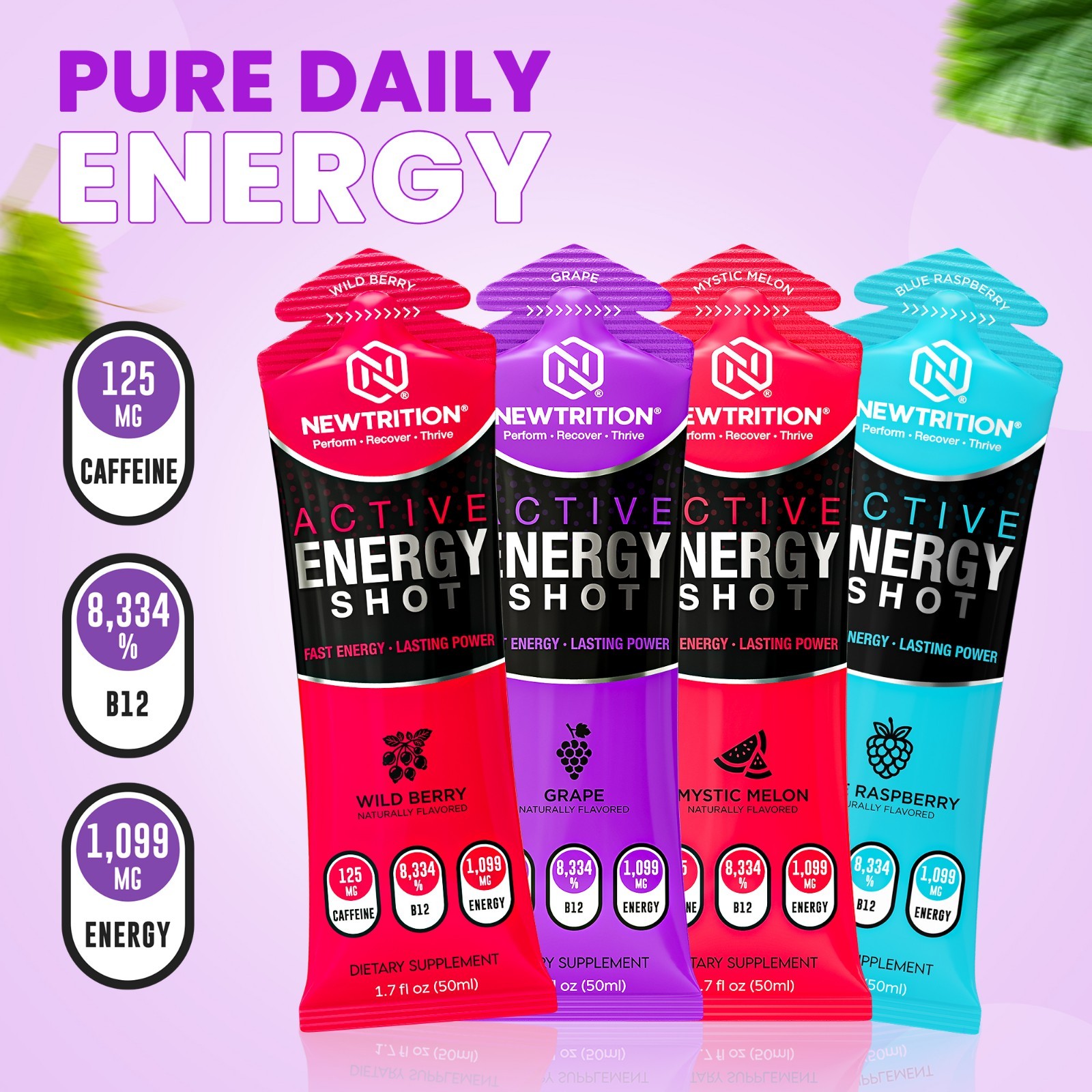 NewTrition Active Energy Shots 24ct 125mg Caffeine B12 Focus Energy Drink Pouch