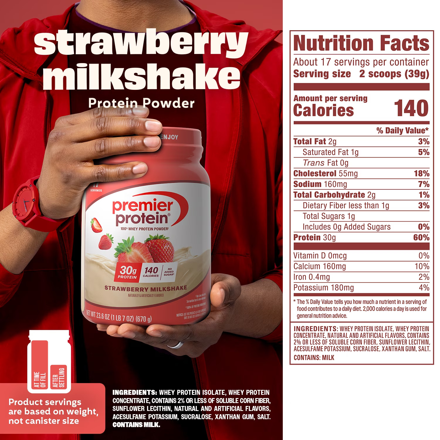 100% Whey Protein Powder, Strawberry Milkshake, 30G Protein, 23.3 Oz, 1.7 Lb