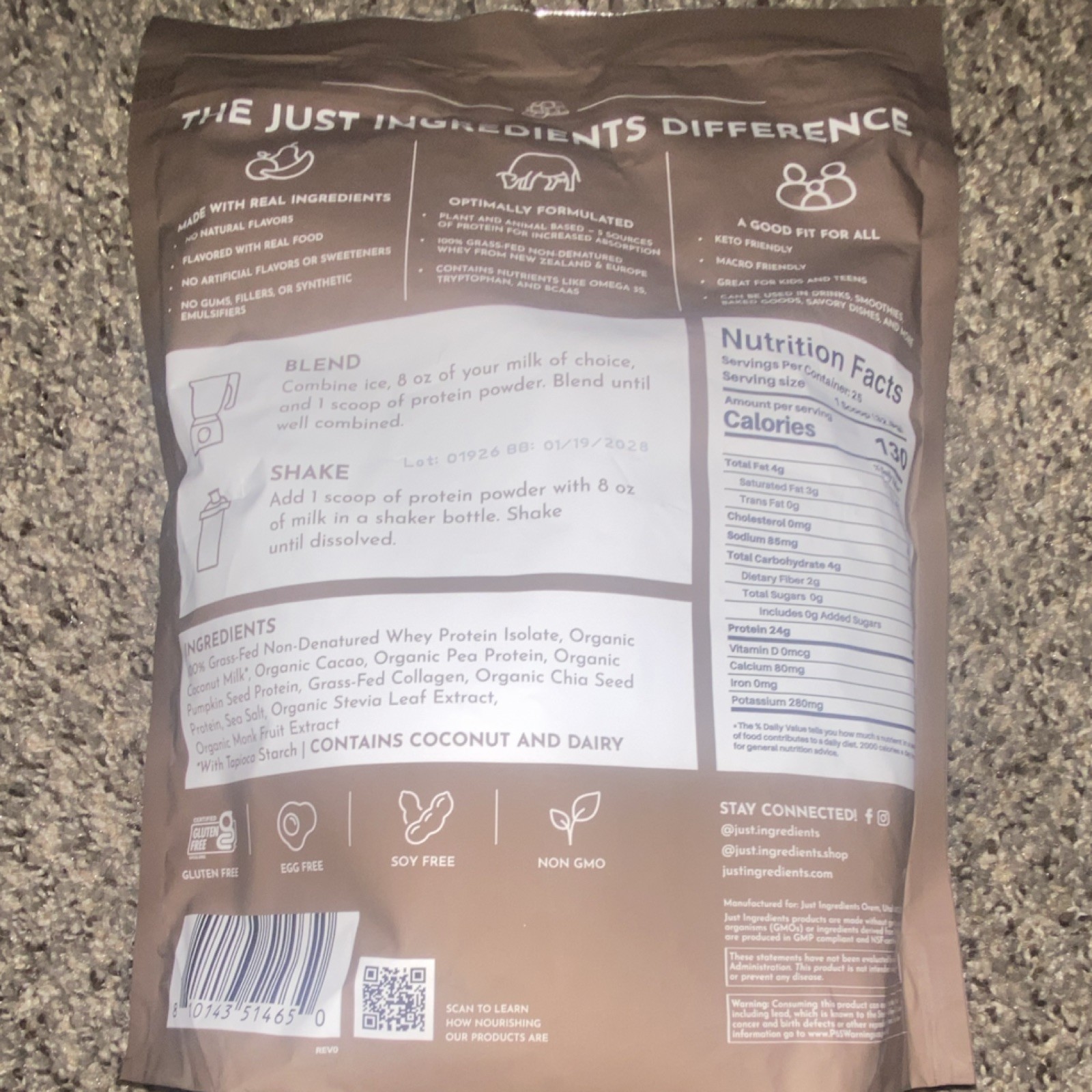 Just Ingredients Chocolate Protein Powder 1.8lb 25 Servings Keto Gluten-Free