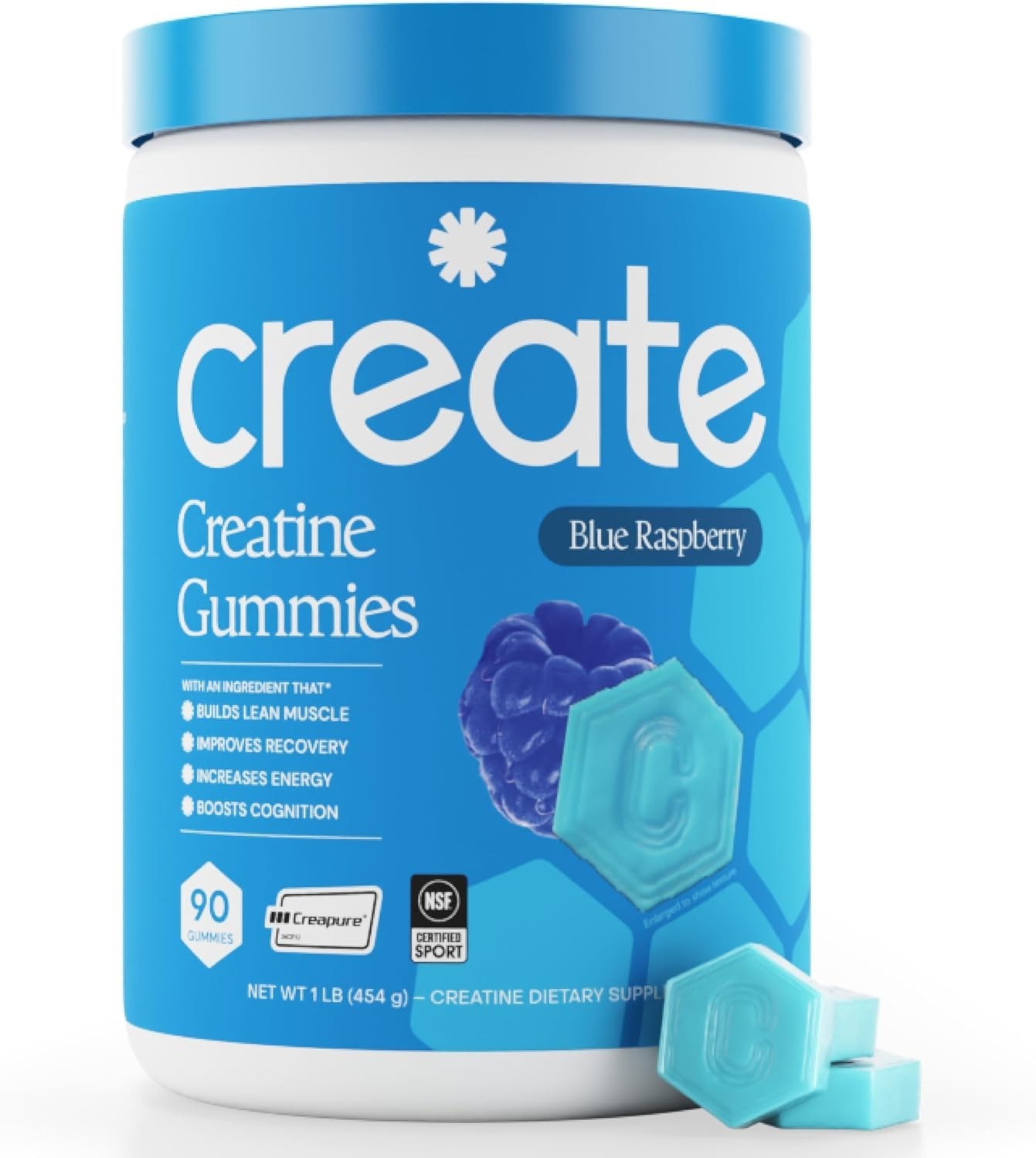 Create Creatine Gummies 1.5g Focus Strength Endurance Vegan Blue Raspberry 90ct