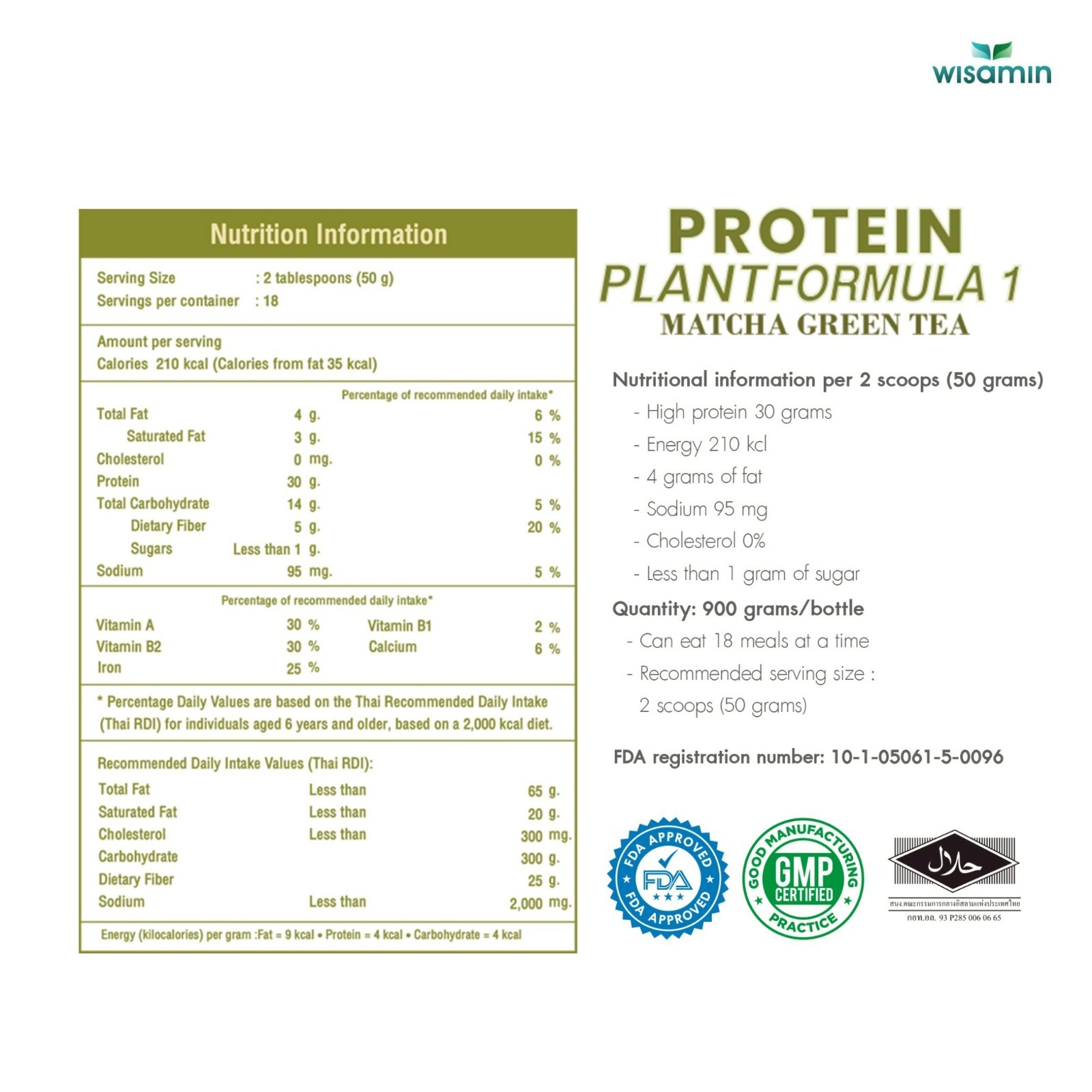 WISAMIN Plant Protein Matcha Flavor 900g | 30g Protein, Organic, Vegan, Non GMO