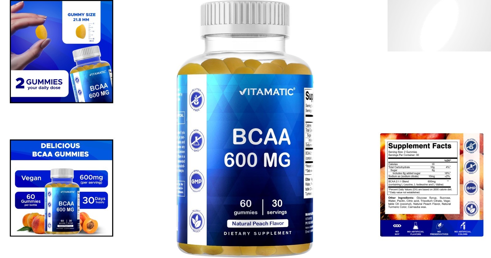 Delicious Peach BCAA Gummies – 600mg Amino Acids for Recovery – 60 Count
