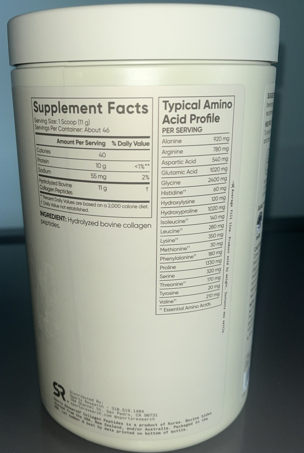 SPORTS RESEARCH HYDROLYZED COLLAGEN PEPTIDES GLUTEN FREE 18 OZ 1.12 LB 510 GRAMS