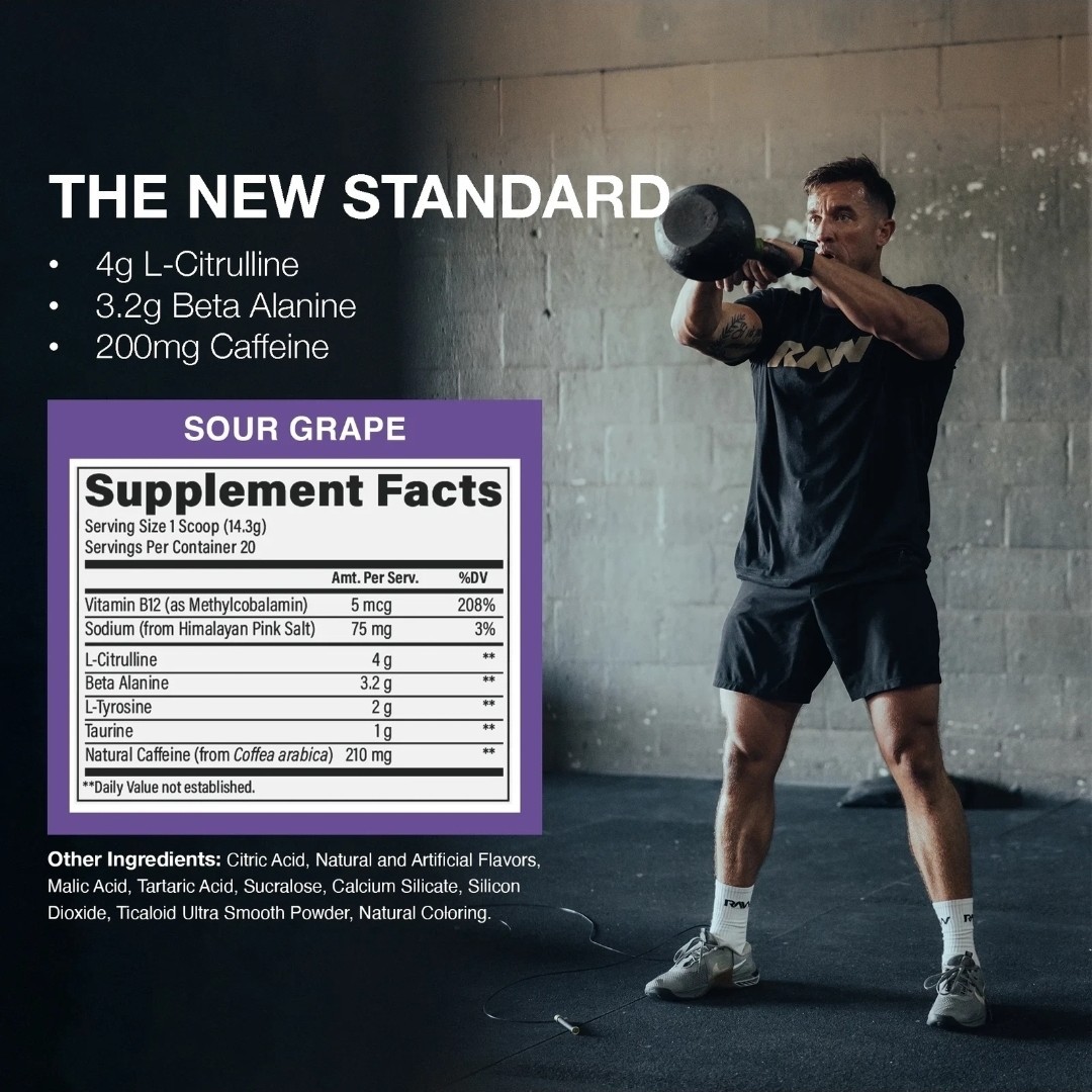 BUM ESSENTIALS RAW Pre Workout Sour Grape Energy Focus Endurance 20 Serving