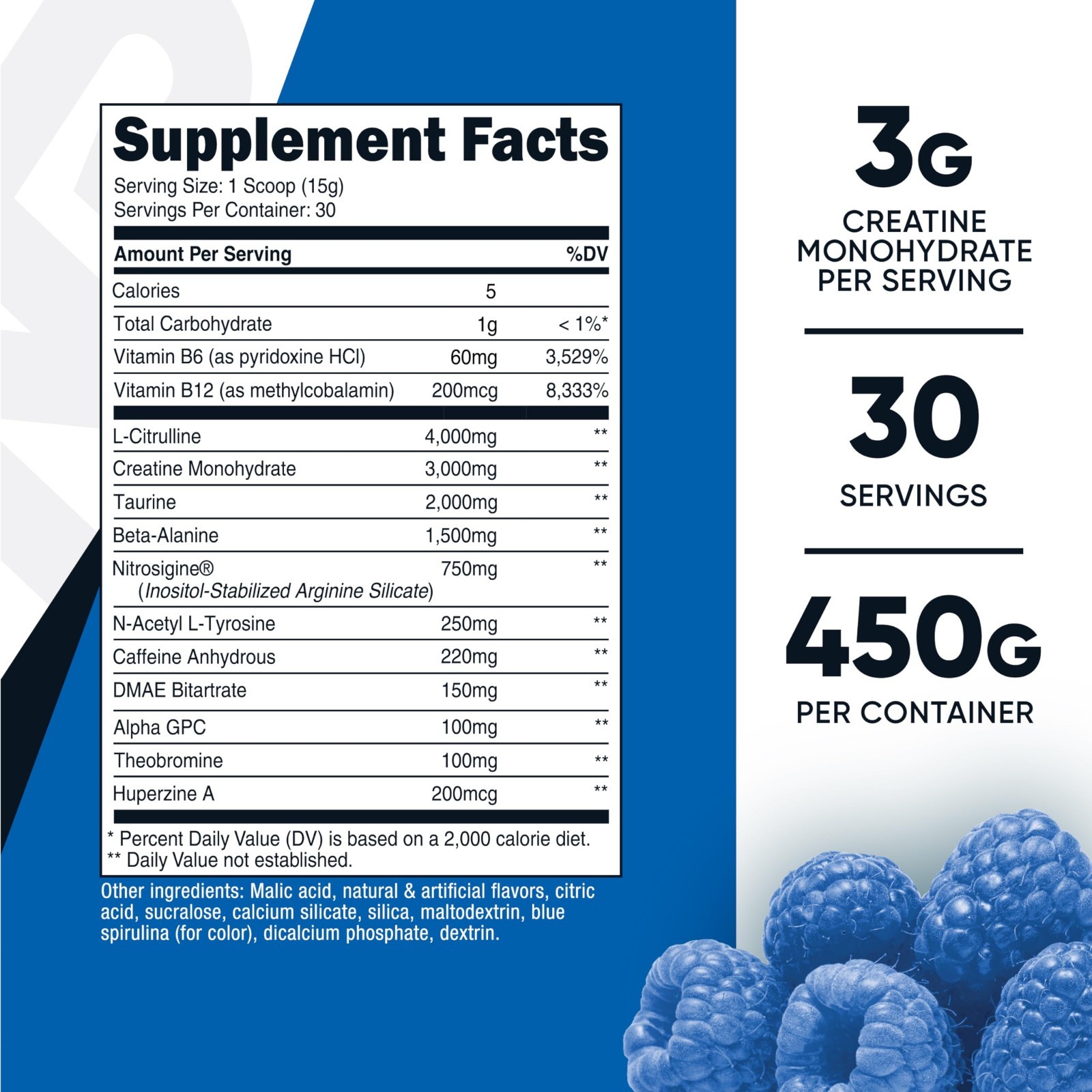 Pre-Workout Complex with Creatine Powder – Blue Raspberry Flavor, 30 Servings, B