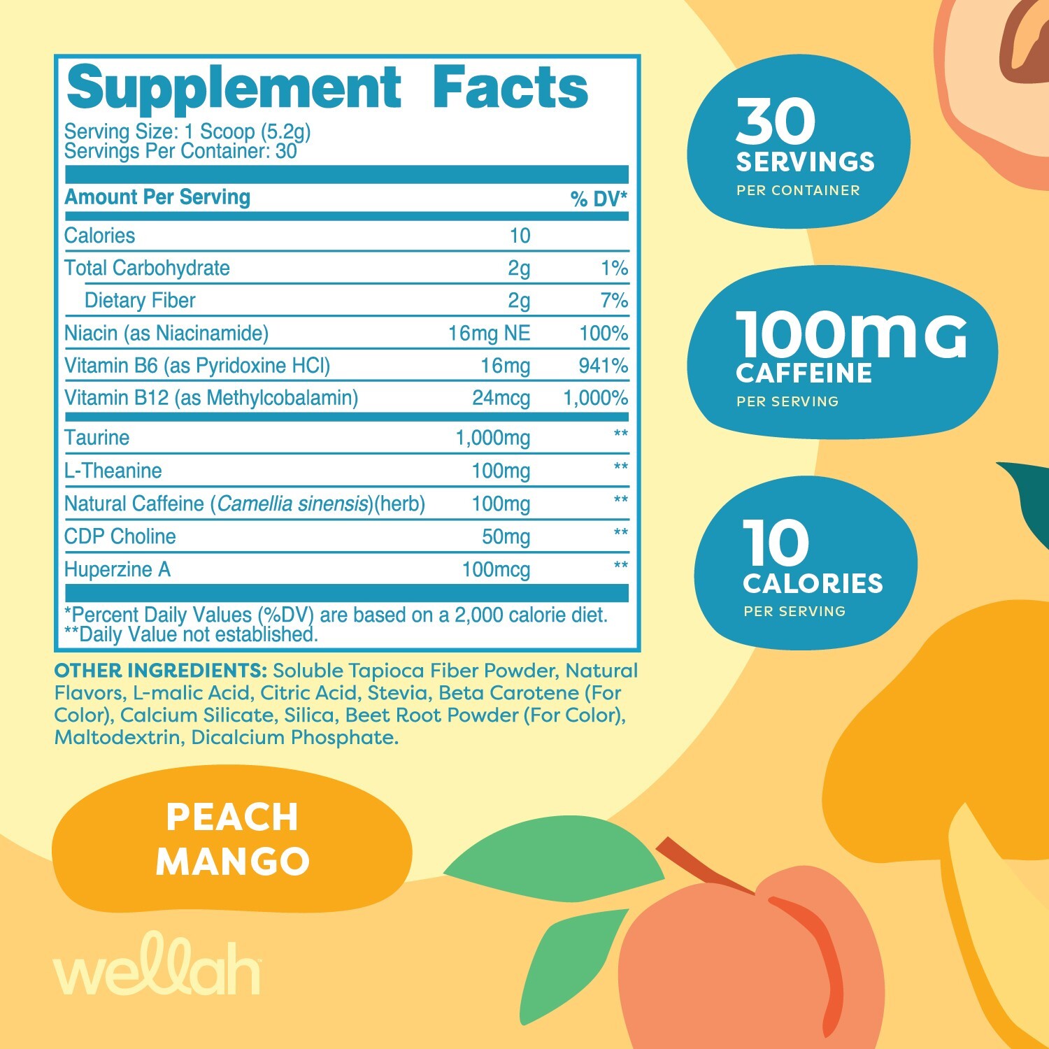 Wellah Perfect Pick-Me-Up (Peach Mango) 30 Servings – Energy Boost Drink Mix
