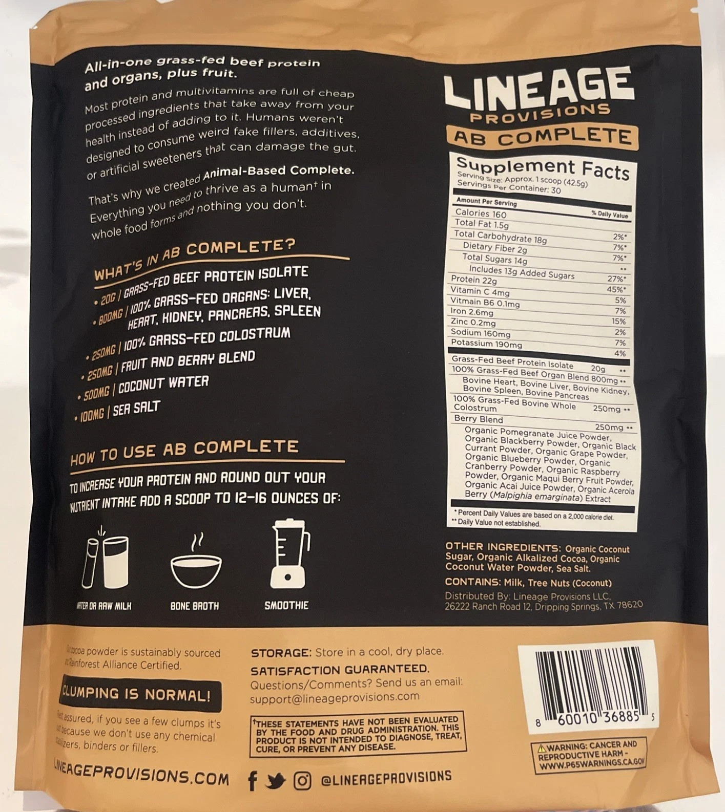Lineage AB Complete CHOCOLATE Protein Powder 30 Servings Exp 10/2027 – New!