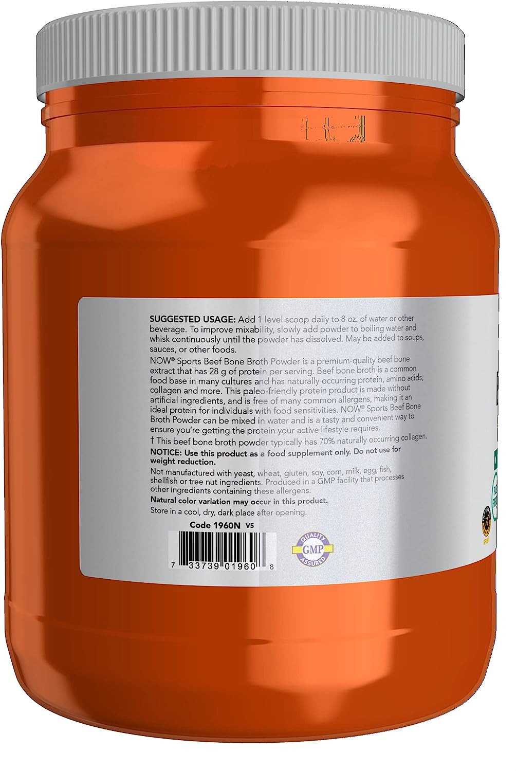 NOW Sports Beef Bone Broth Protein Powder, Premium-Quality Extract , 1.2-Pound