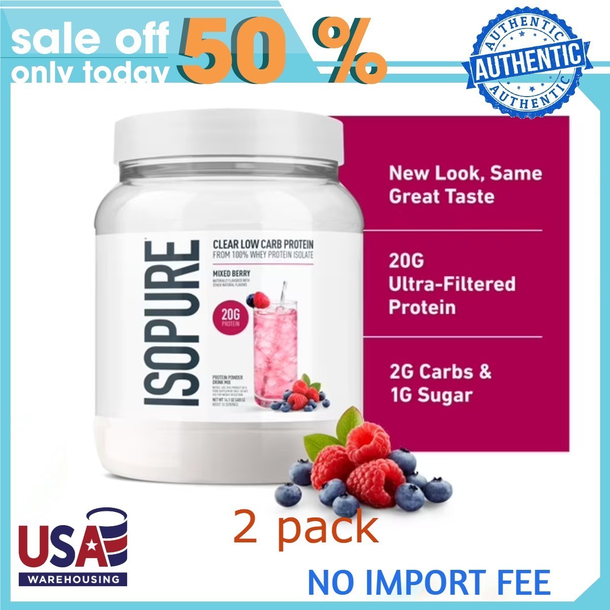 Isopure Clear Low Carb 100% Whey Protein Isolate Powder, Mixed Berry,32 Servings