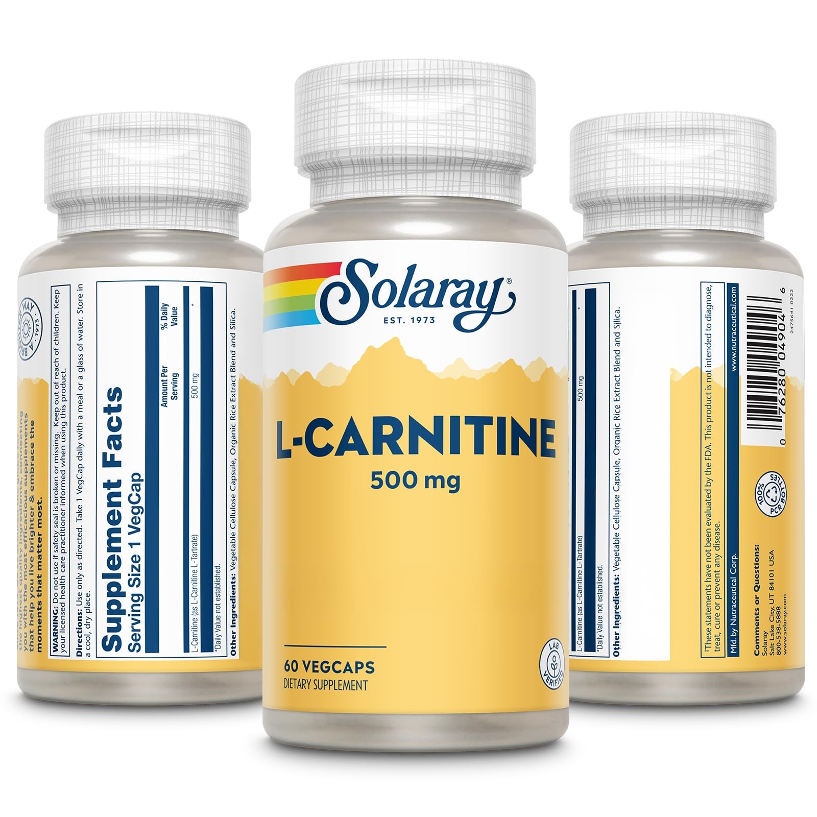 Solaray L-Carnitine 500 Mg Form Amino Acid Lab Verified Gmp Facility 60-Day