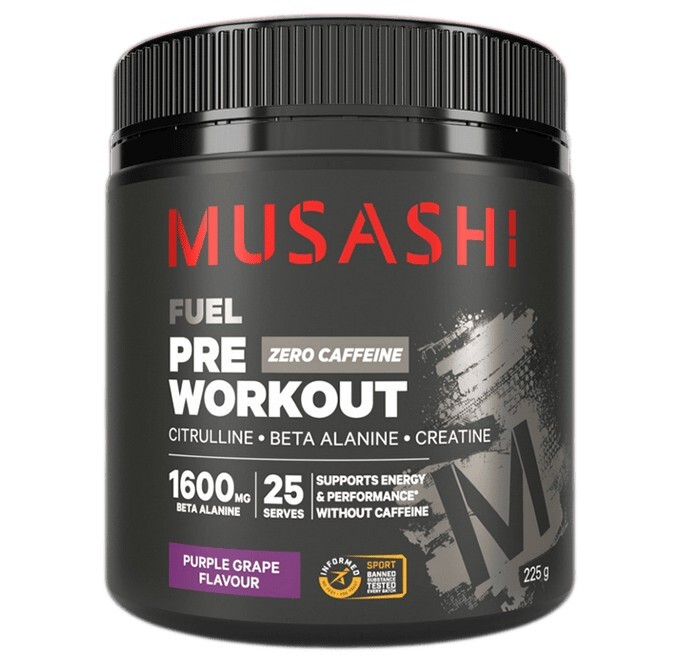 New Musashi Fuel Fuel Pre Workout Zero Caffeine Purple Grape 225g 25 Serves