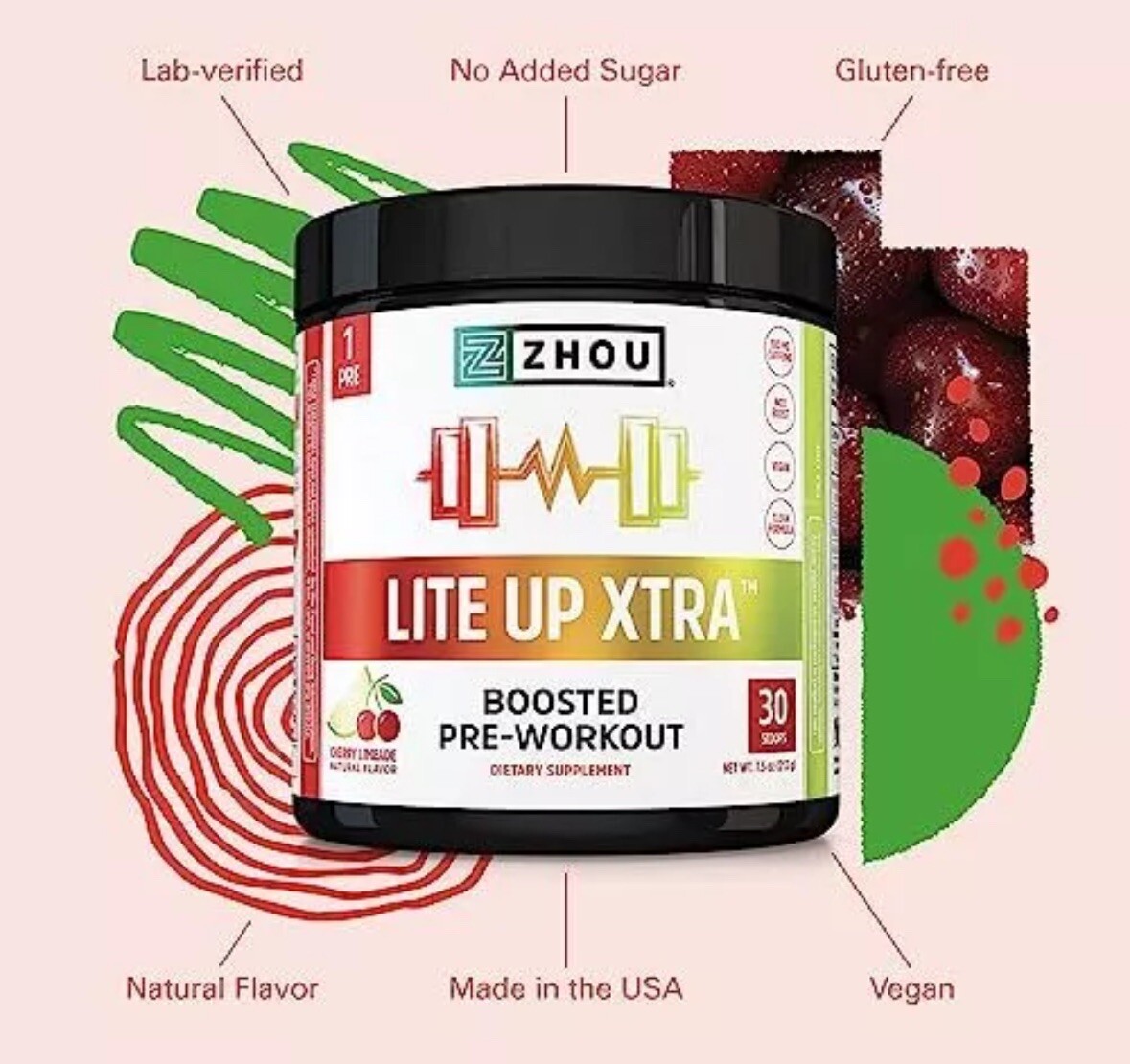 Zhou Lite Up Extra Boosted Pre-Workout 7.5oz (Cherry Limeade) Exp: 03/26-Fresh!