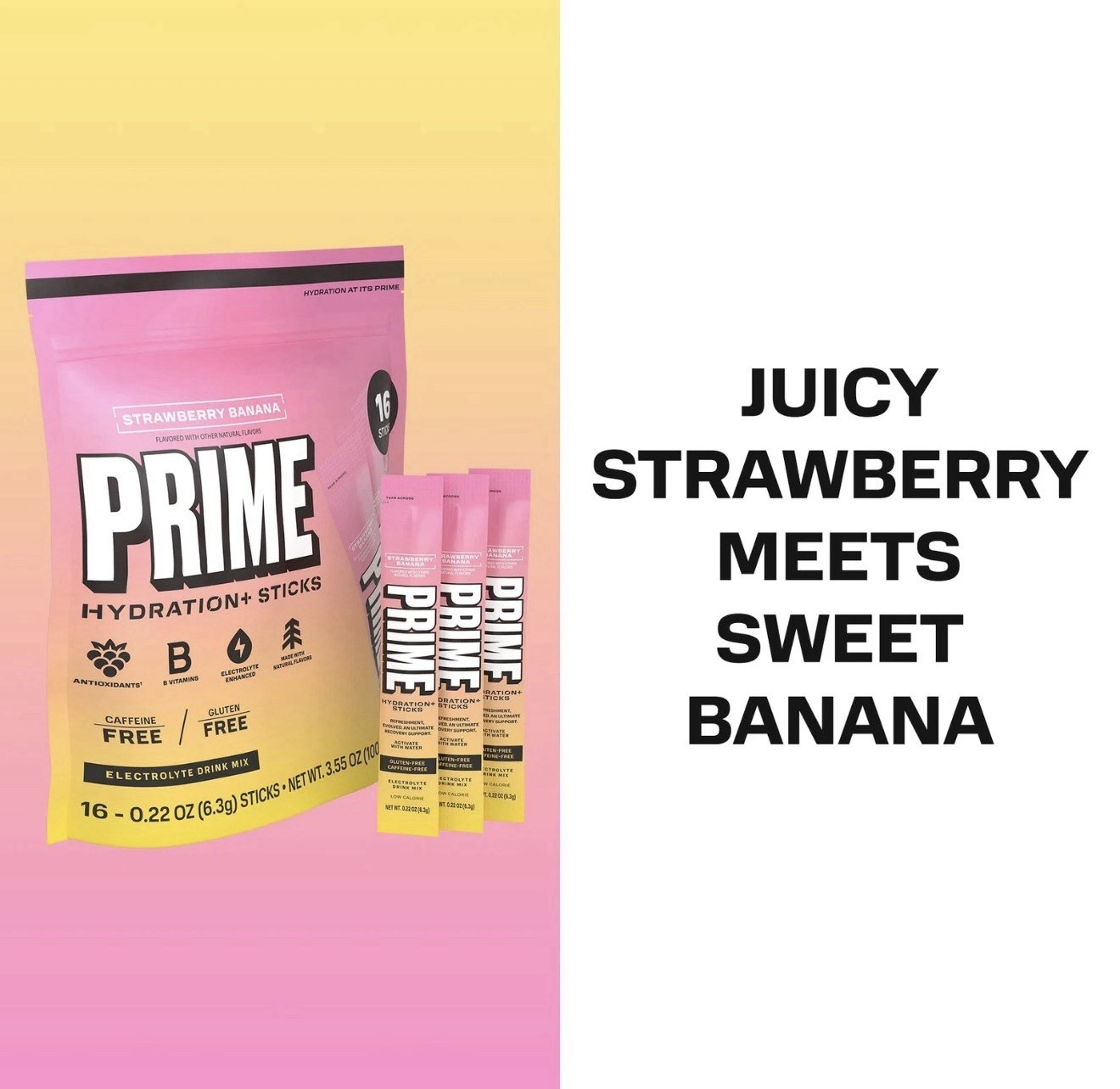 2 Pack PRIME Hydration Strawberry Banana Powder Sticks 16 Ct Each Sugar Free