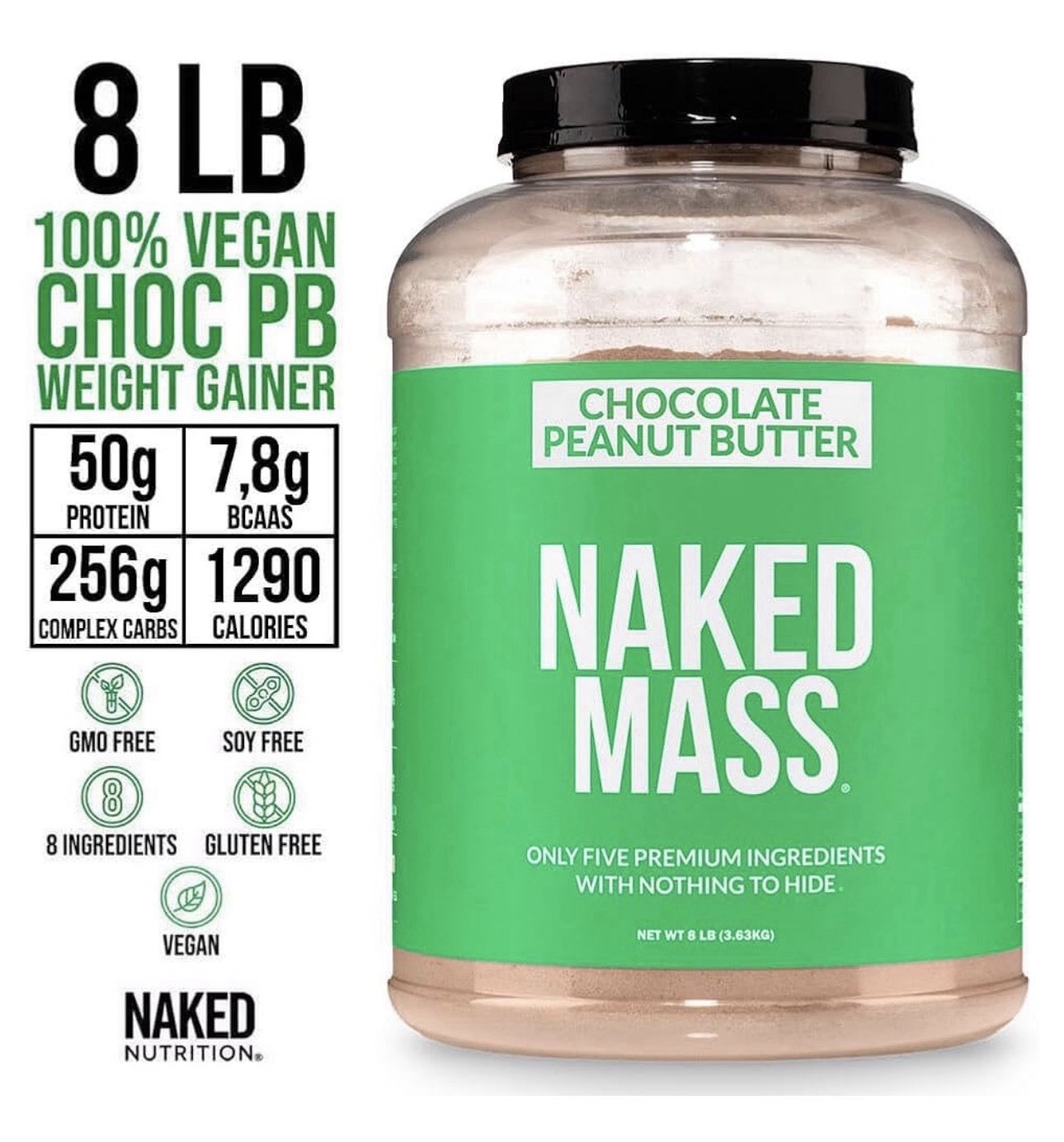 Naked Nutrition Mass 8lb CHOCOLATE PEANUT BUTTER Vegan Weight Gainer 4/2028*Dent