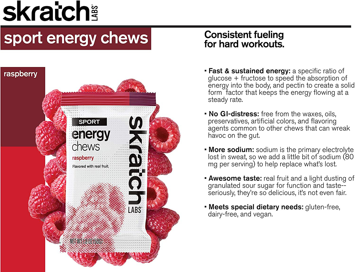 SKRATCH LABS Sport Energy Chews, Raspberry (10 Pack) – Developed for Athletes an