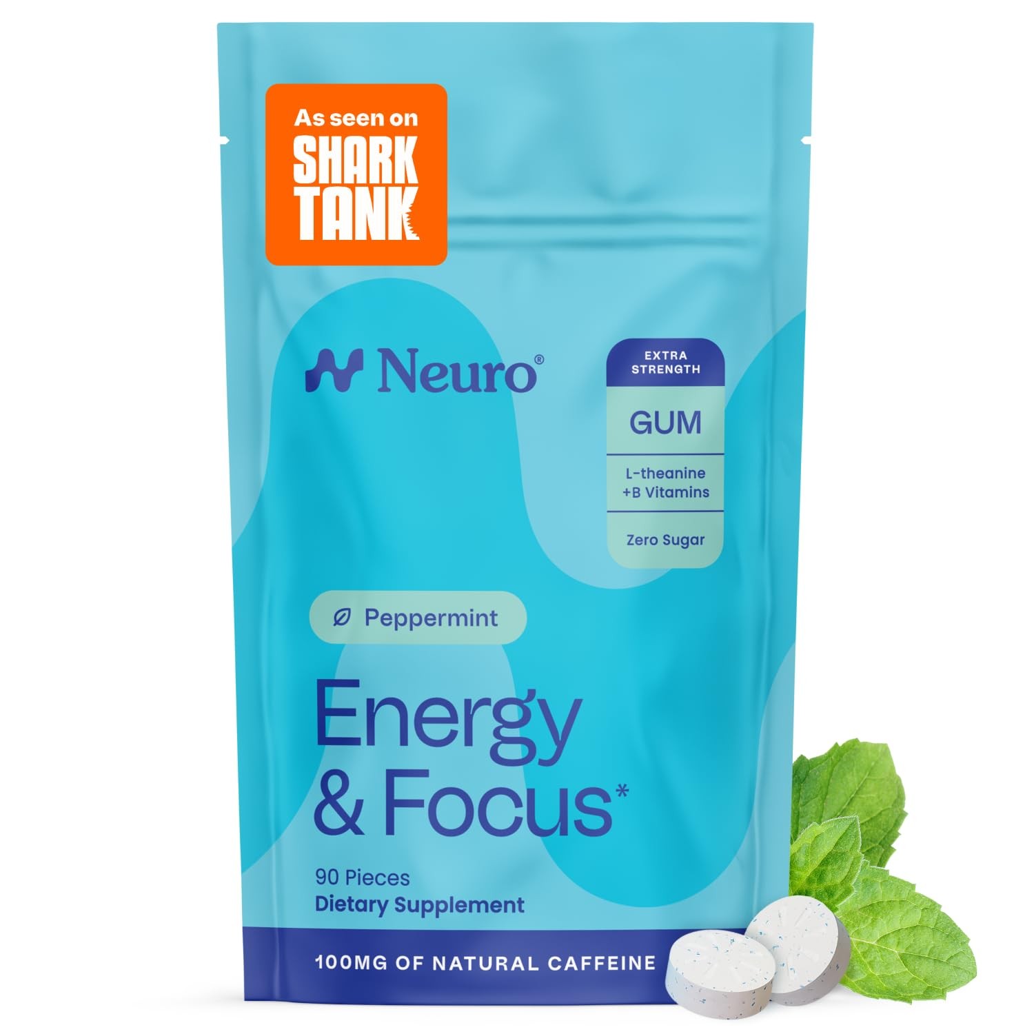 Neuro Energy & Focus Gum, Extra Strength – 90 Count (Pack of 1), Peppermint