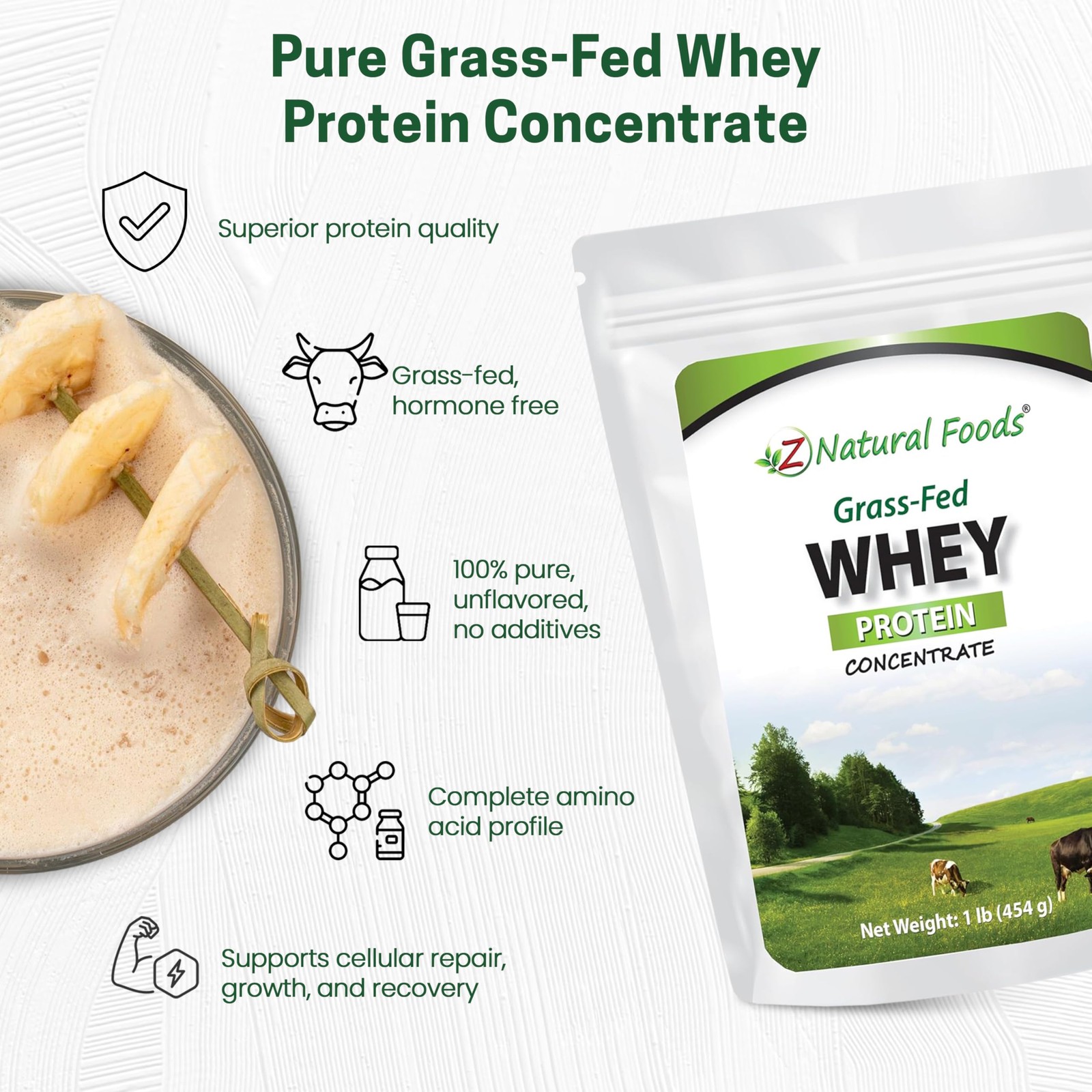 Z Natural Foods Grass-Fed Whey Protein Concentrate 1lb Pure Cold Processed Unfla