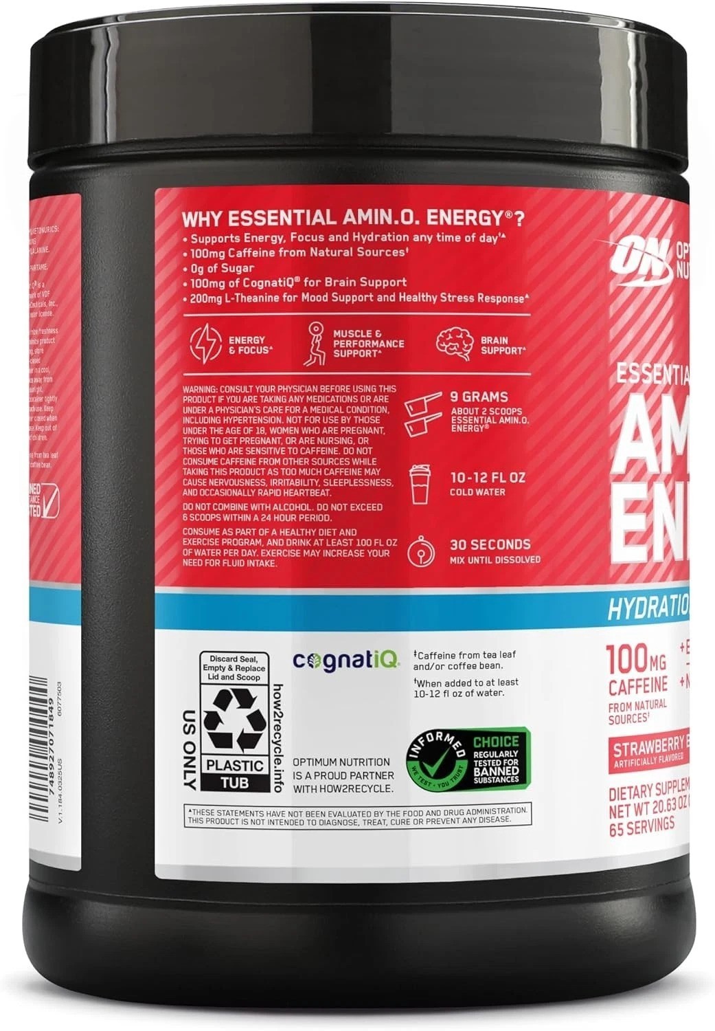 Amino Energy Powder Plus Focus, with BCAA, Electrolytes, and Caffeine, Strawb…