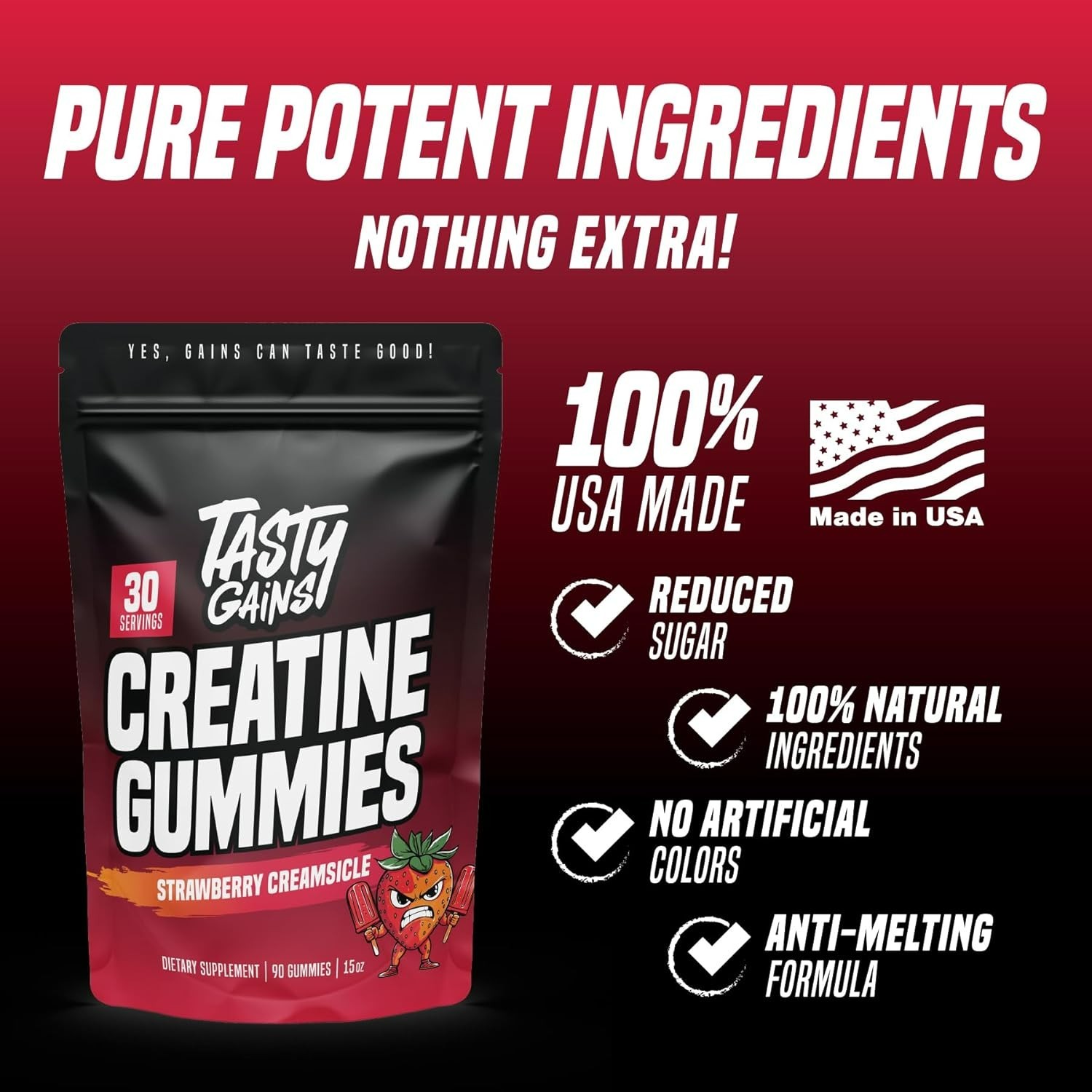 TASTY GAINS Creatine Gummies 90g Creatine Monohydrate Strawberry – 90 Gummies