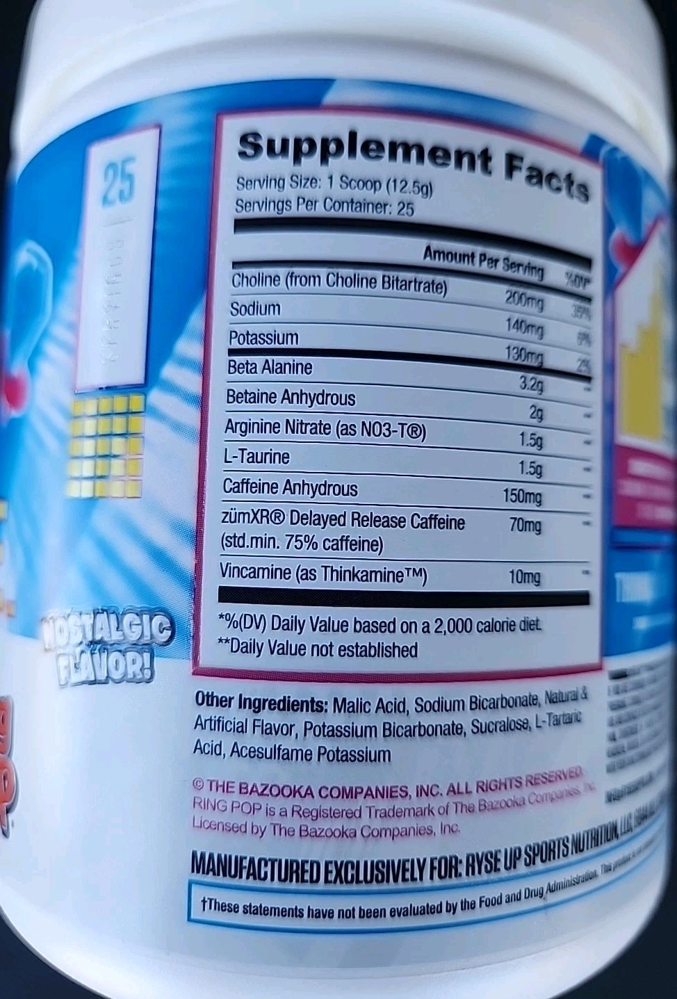 RYSE Pre Workout Powder 25 Servings Blue Raspberry Ring Pop 11.0 oz Exp 08/26