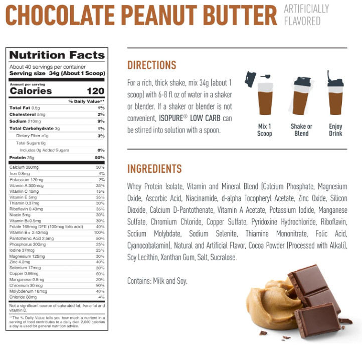 Isopure Low Carb Whey Protein Isolate, Chocolate Peanut Butter, 3lb, 40 Servings