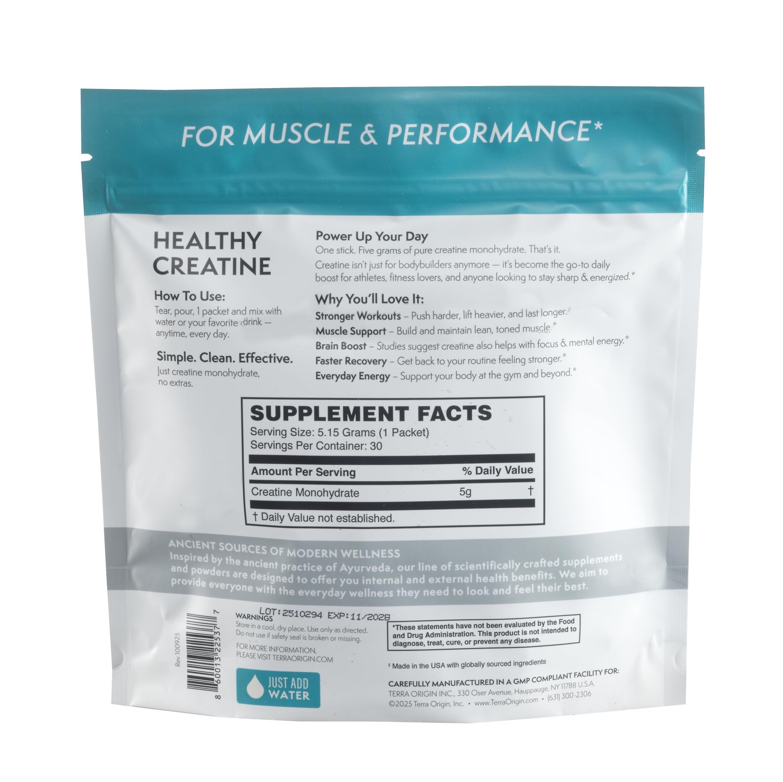 TERRA ORIGIN Healthy Creatine Micronized Monohydrate Powder | 30 Stick Packs