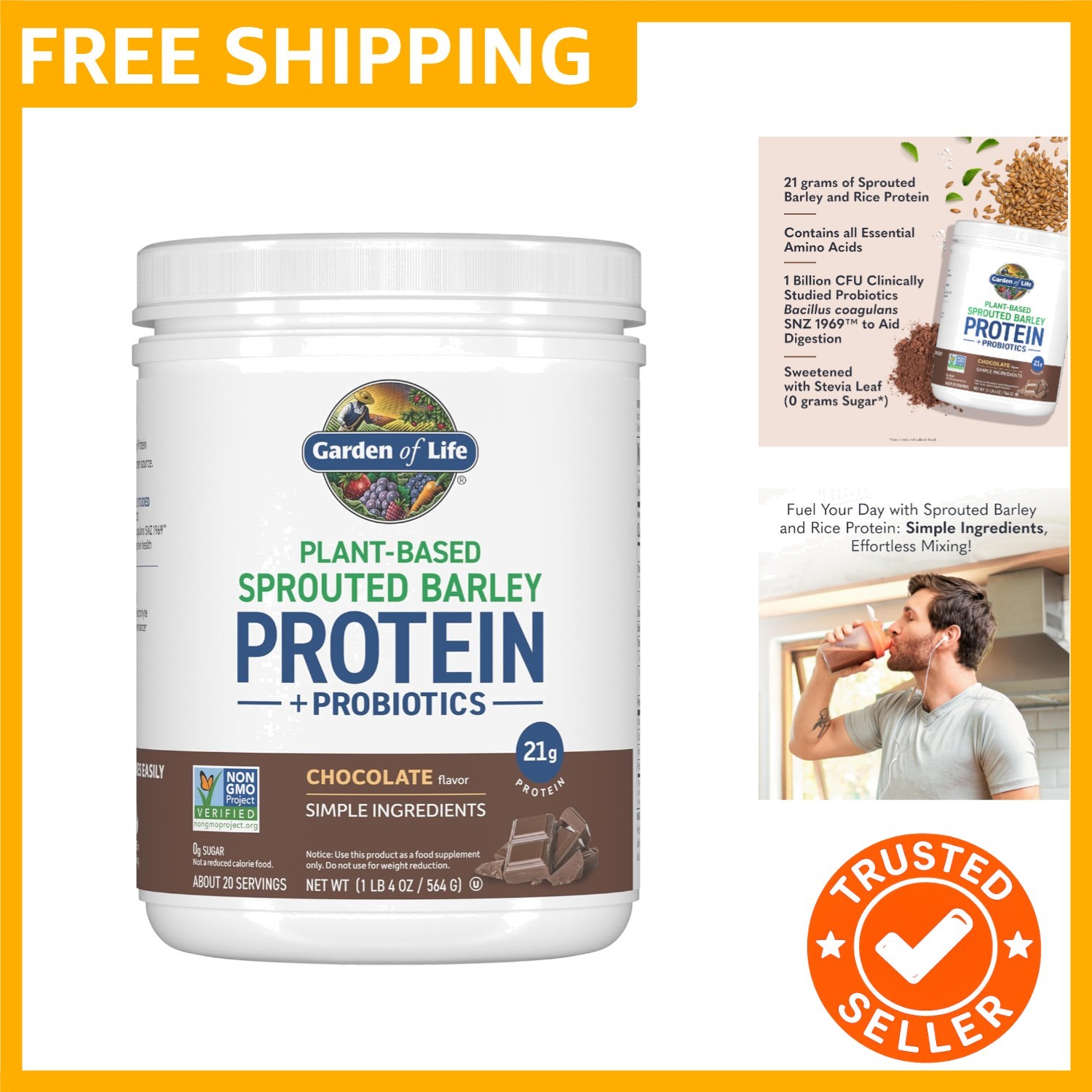 Plant-Based Sprouted Barley Protein, Chocolate with 21g Protein, 0g Sugar & C…