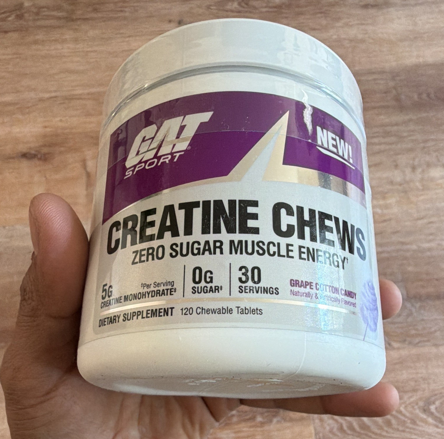 GAT Sport Creatine Chews Zero Sugar, Grape Cotton Candy 120 Tablets Exp 11/2027