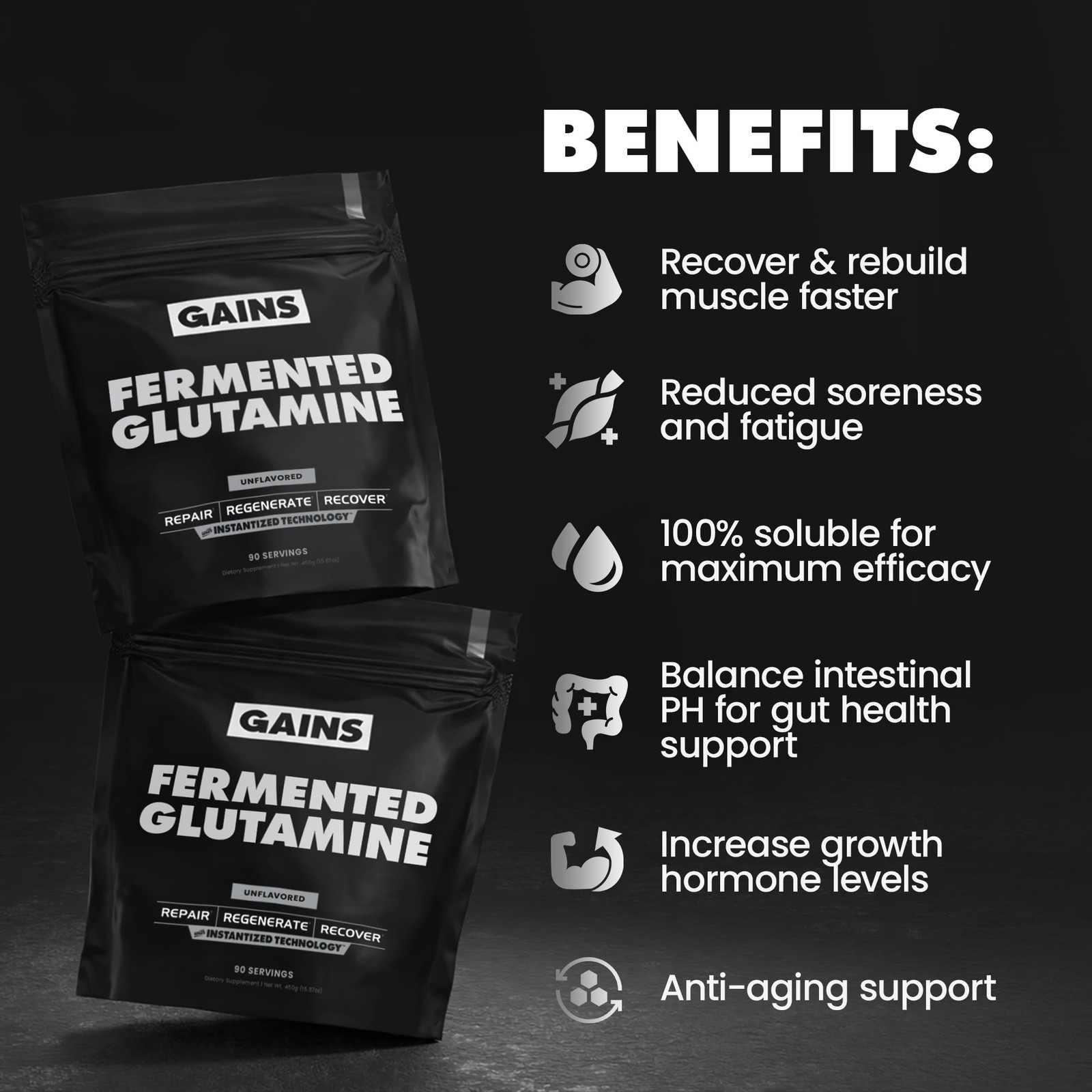 Gains in Bulk LGlutamine, Gluten Free Glutamine Powder for Muscle Recovery an…