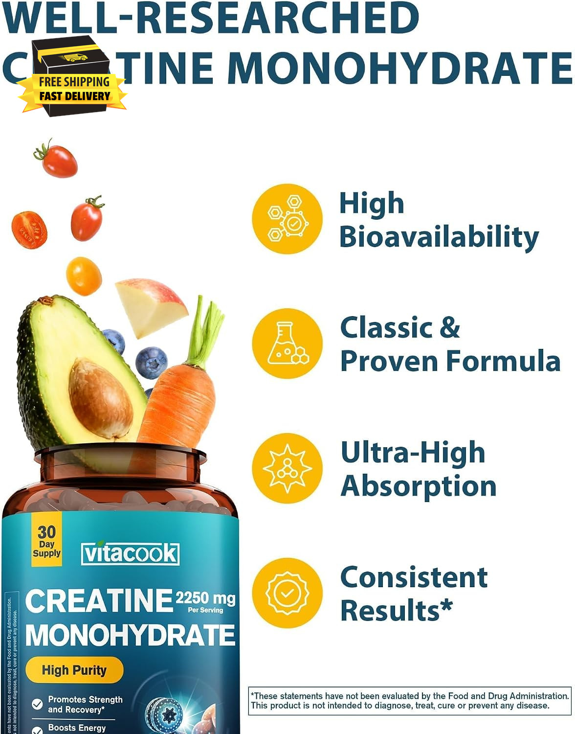 Creatine Monohydrate 2250 Mg per Serving, Micronized Creatine Capsules, for Stre