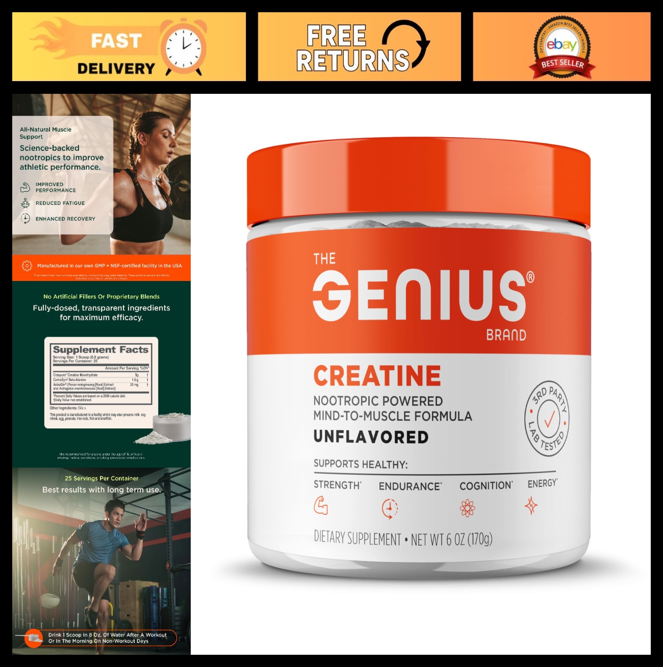Ultra-Pure Creatine Powder Unflavored 25 Servings | Strength & Muscle Support, B