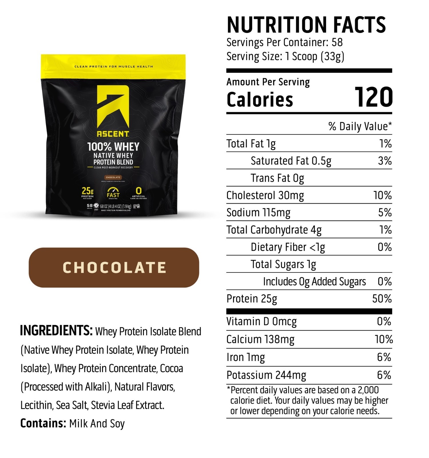 Ascent Whey Protein Vanilla Bean or Chocolate 4.25 lb Native Whey 25g Protein