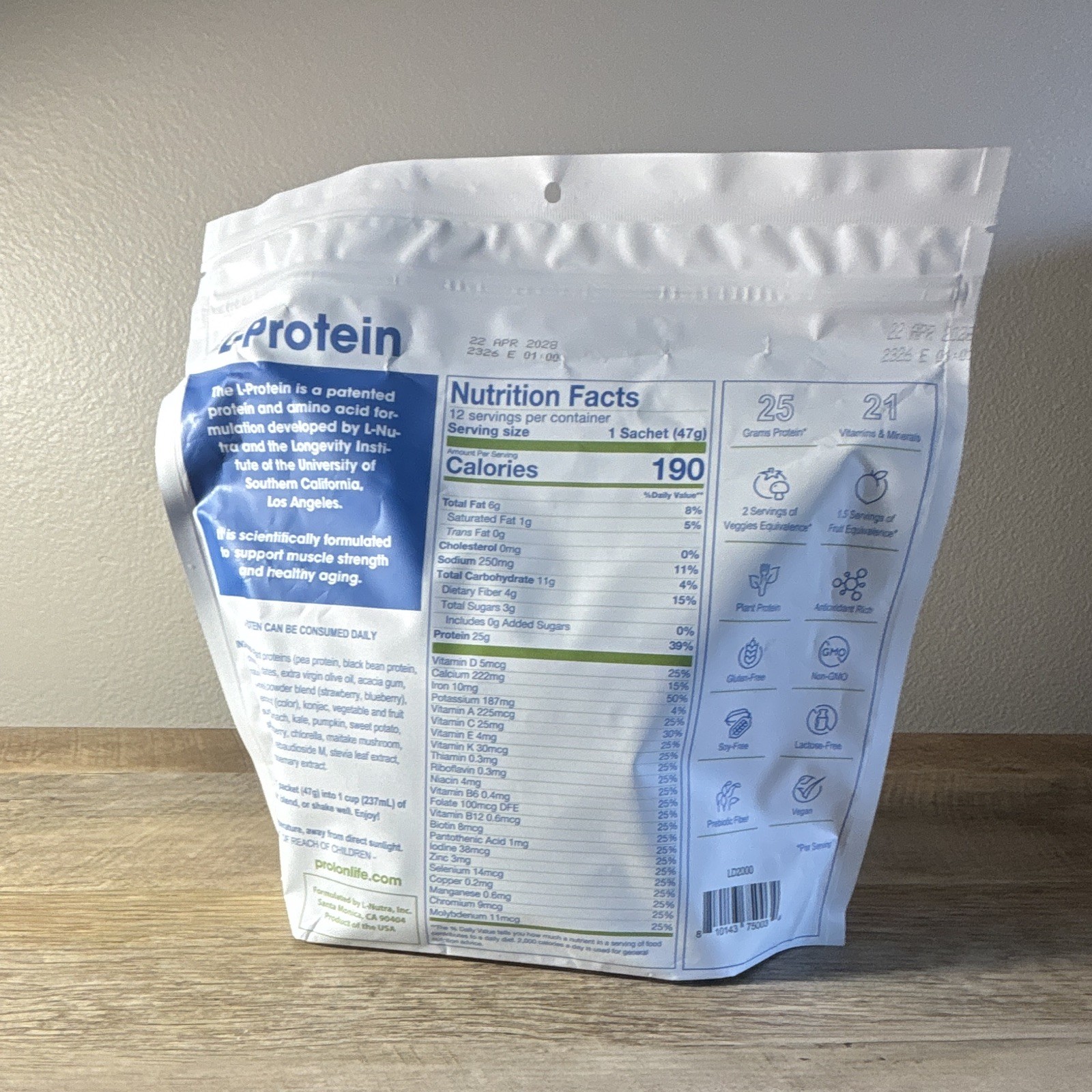 ProLon L-Protein Plant-Based Shake Vegan Non-GMO GF 12 Sachets 47g