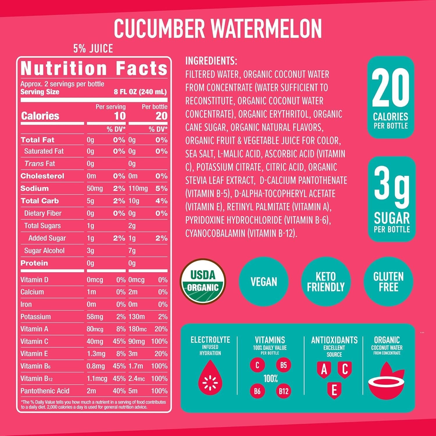 Refreshing Organic Electrolyte Drink – Cucumber Watermelon – 12 x 18 Oz Bottles