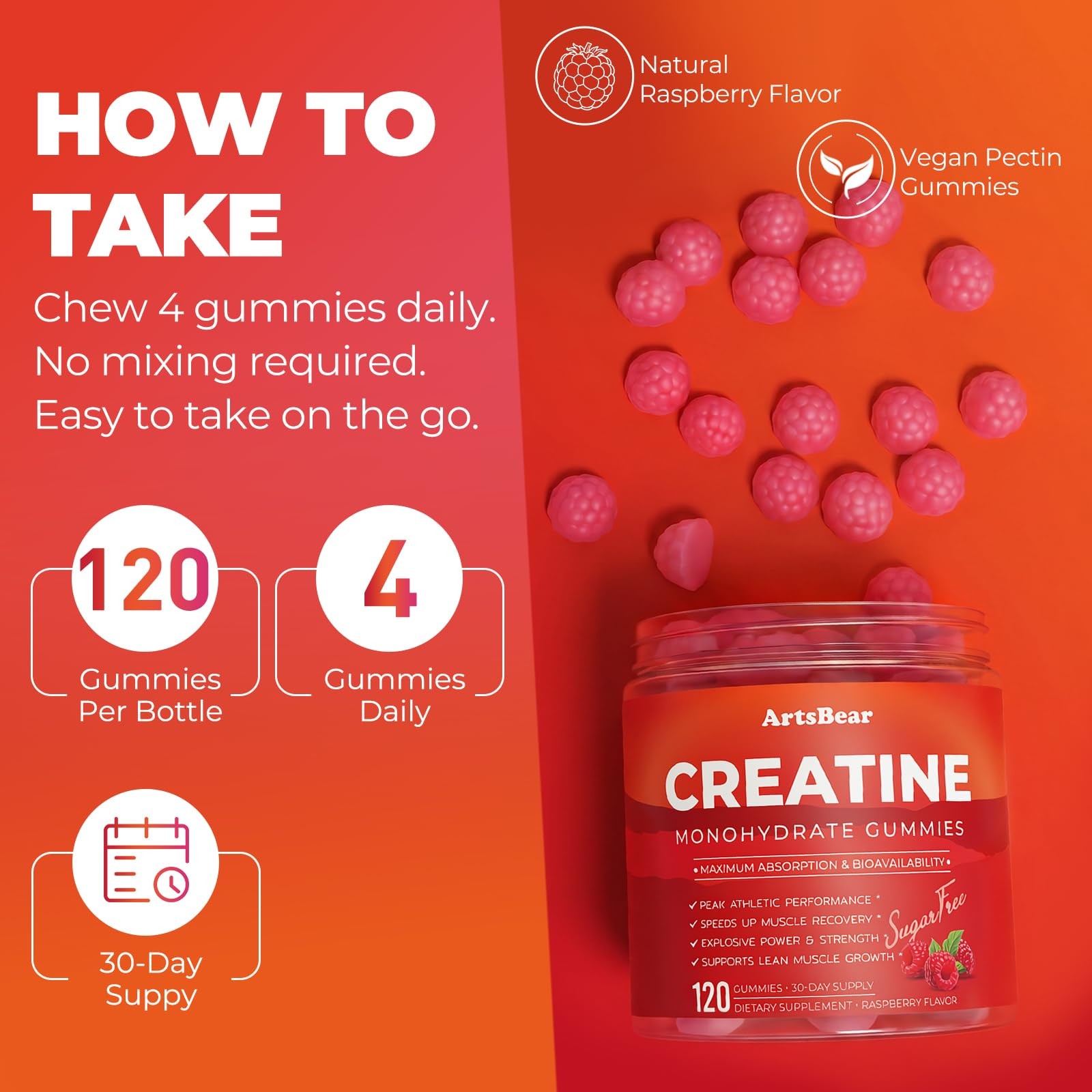 Creatine Monohydrate Gummies 5000mg, Sugar Free Vegan, 120 Count, with Beta-A…