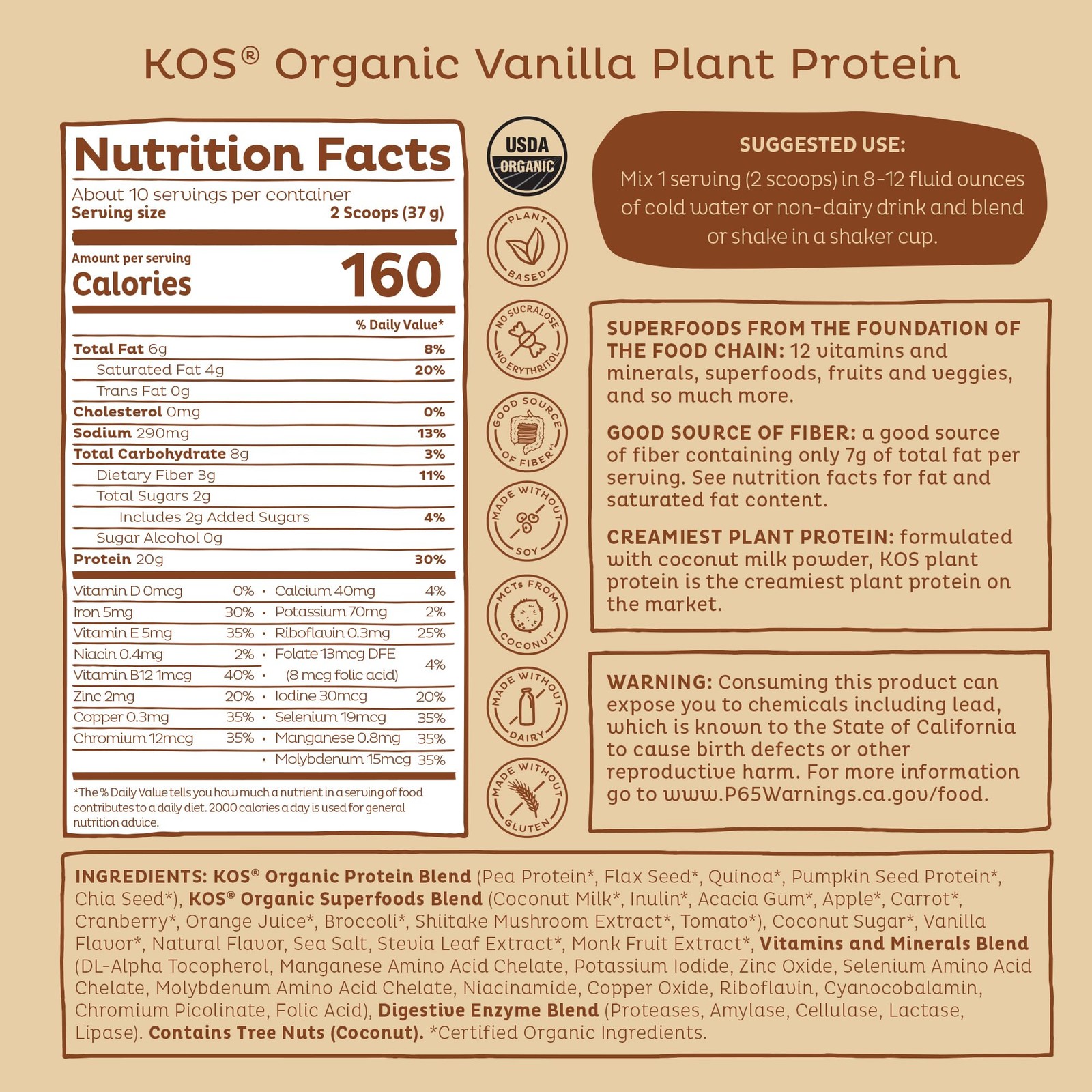KOS Plant Based Protein Powder, Vanilla USDA Organic 13.05 Ounce (Pack of 1)