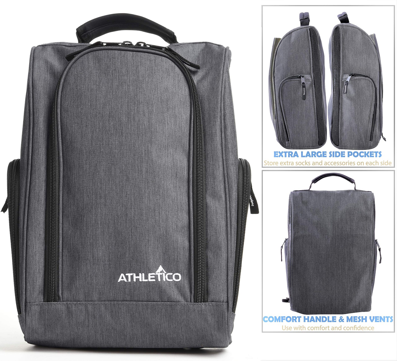 Athletico Golf Shoe Bag Zippered Carrier Ventilated Pocket Gray