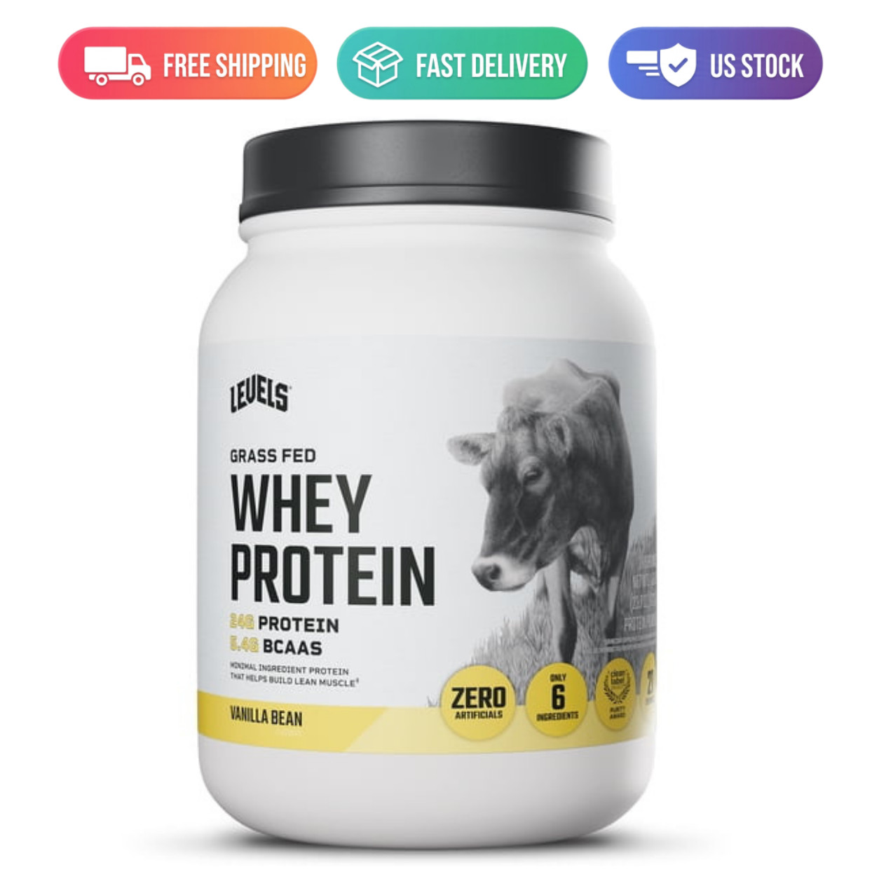 Levels Grass Fed Whey Protein Powder Vanilla Bean 24g Protein 1.48 lb