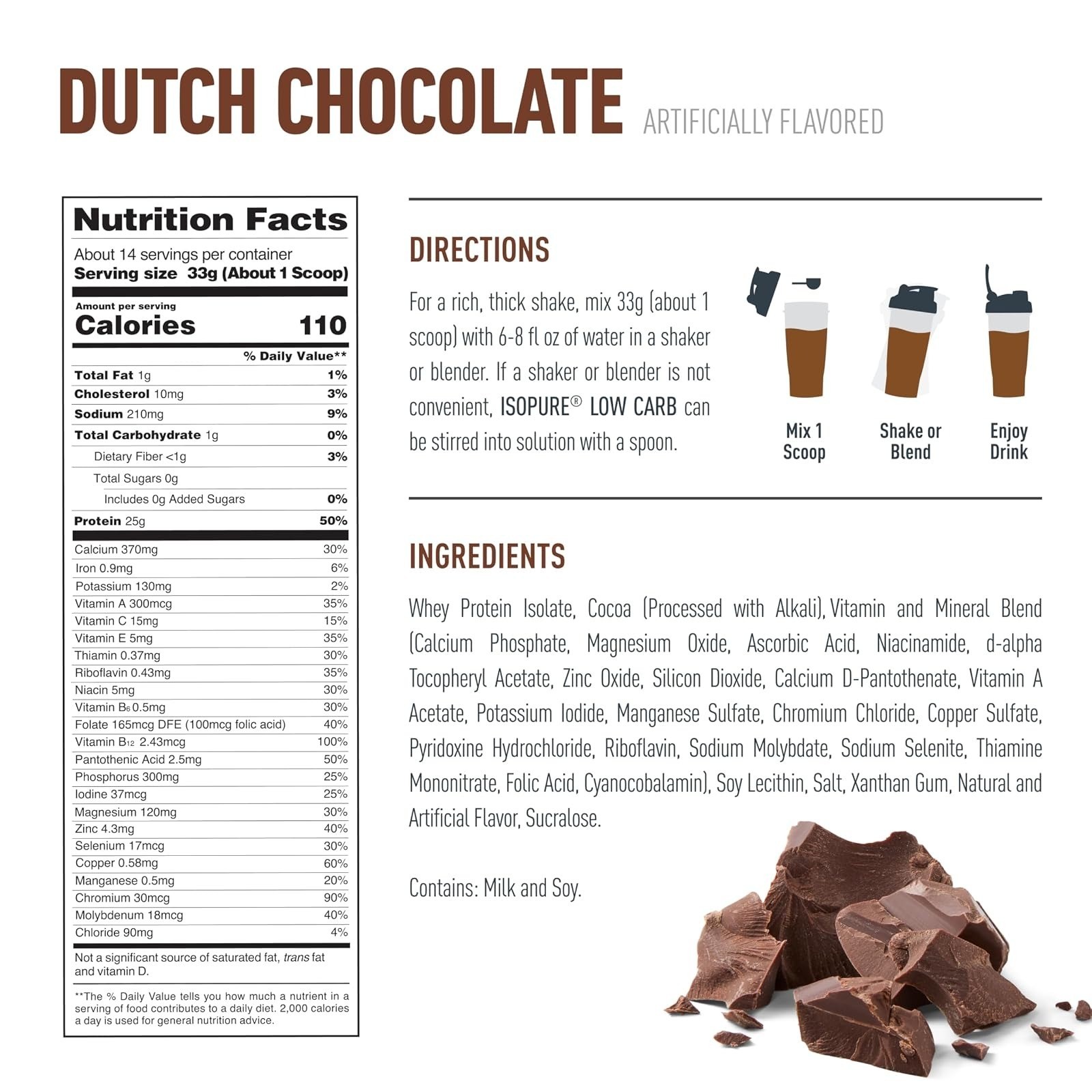 Isopure Low Carb Whey Isolate Protein Powder Dutch Chocolate 1 lb