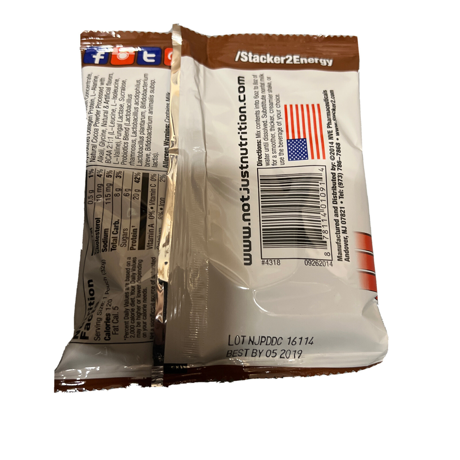 Stacker not just protein 12 pouches double Dutch chocolate flavor dated 5-19