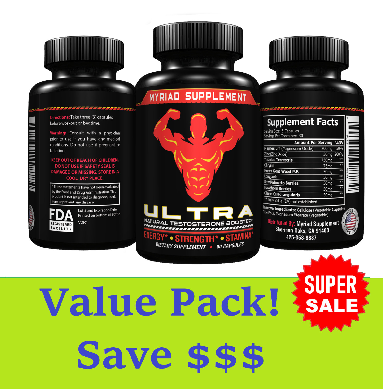 Ultra Testosterone Booster 90 Caplets – Natural Stamina & more Energy Value Pack