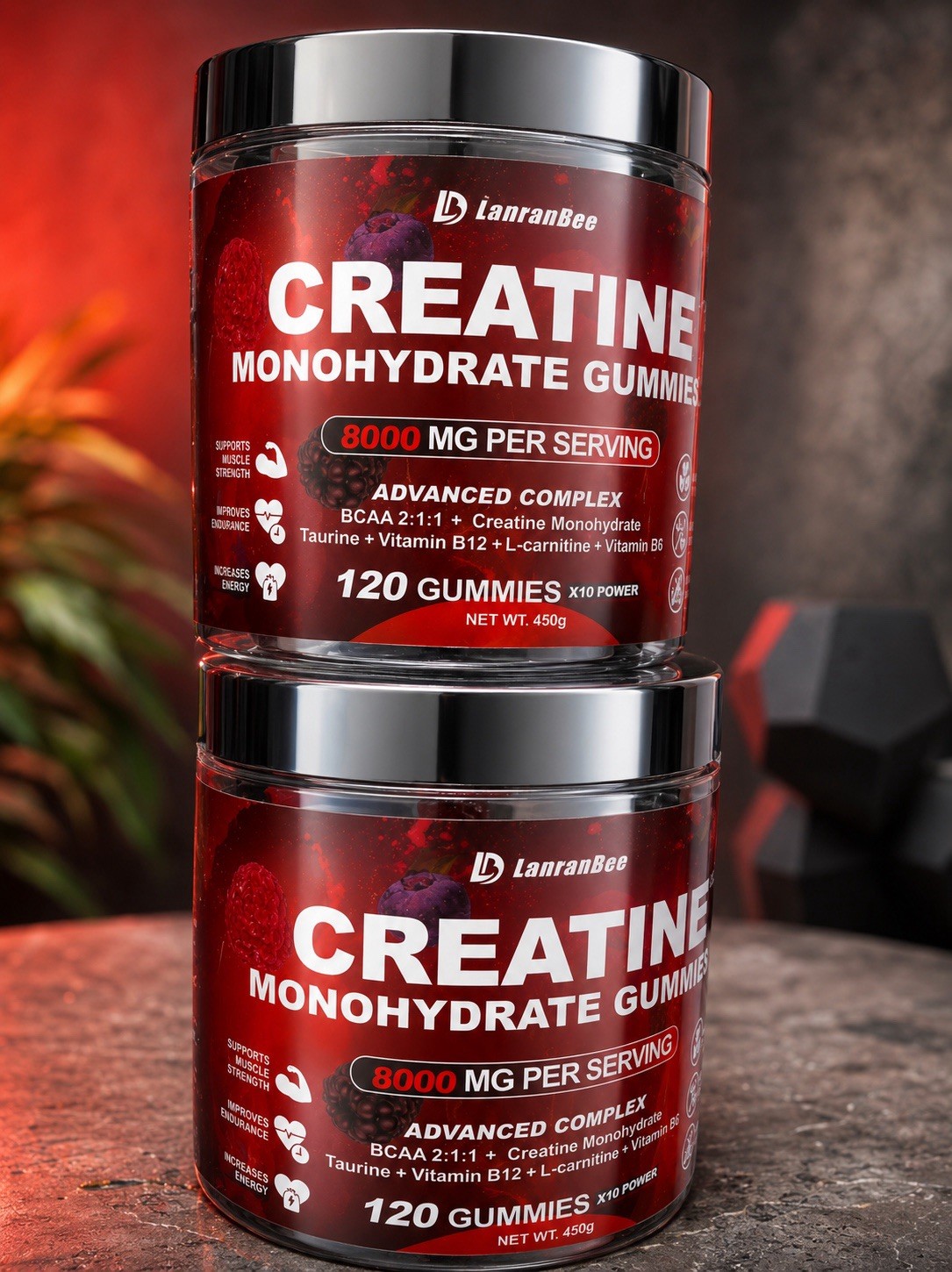 LanranBee Creatine Monohydrate Gummies 120 Ct 8000mg B12 BCAA Taurine 450g