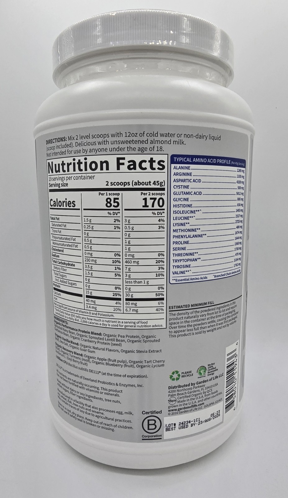 Garden of Life Sport Organic Plant-Based 30g Protein Vanilla 30 OZ BB 08/23/26