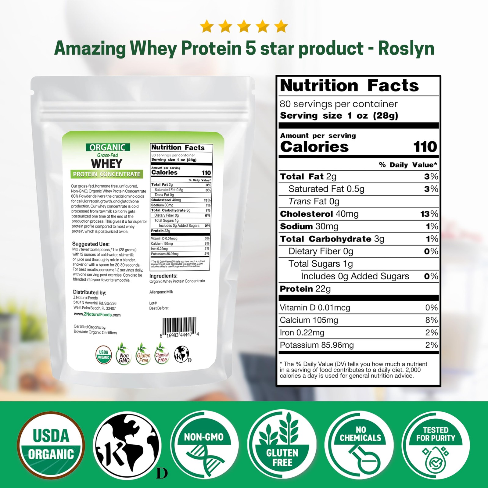 Z Natural Foods Organic Whey Protein Concentrate NutrientDense Grass Fed Whe…