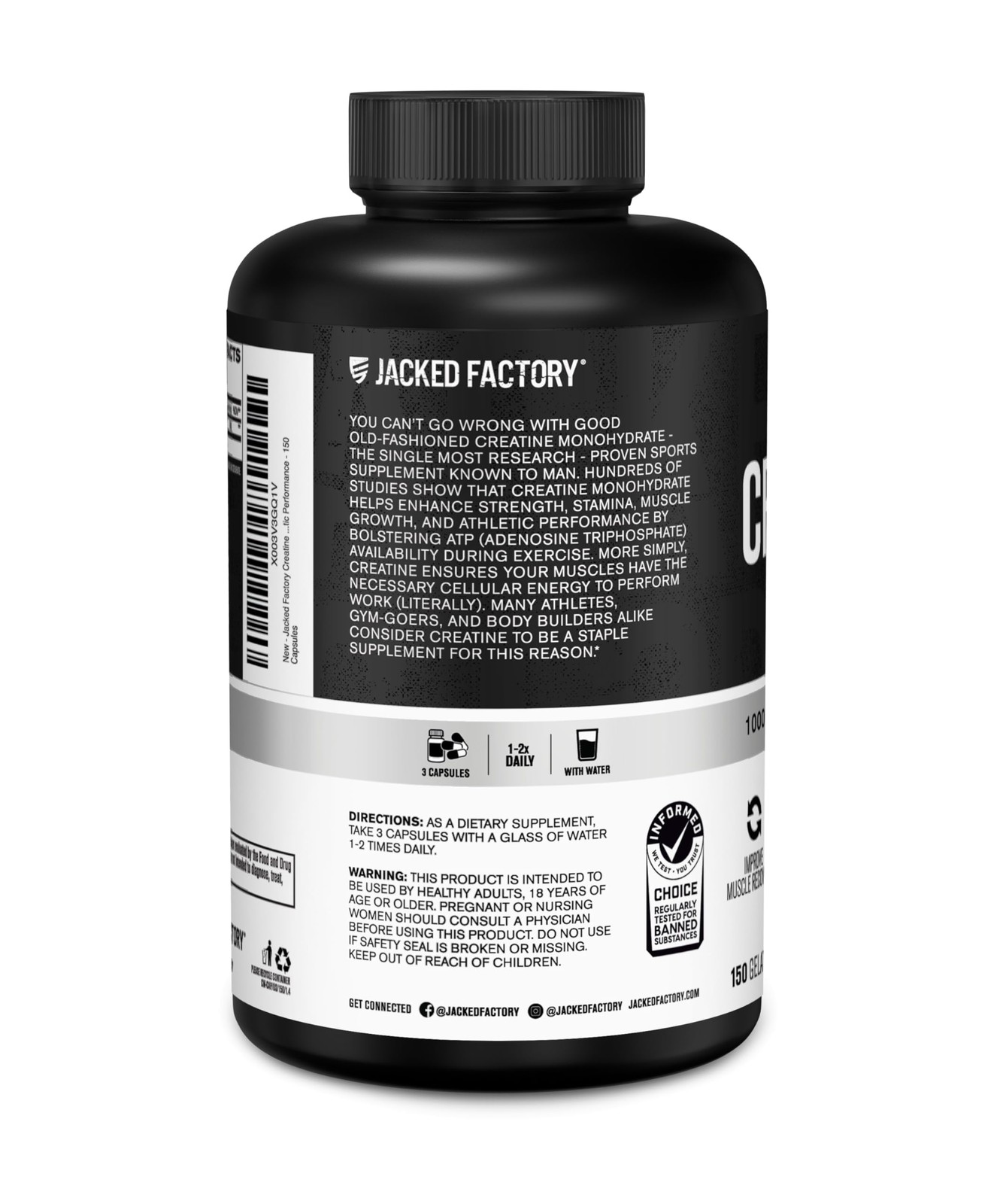 Creatine Monohydrate Capsules for Muscle Growth, Strength, Energy – 150 Ct