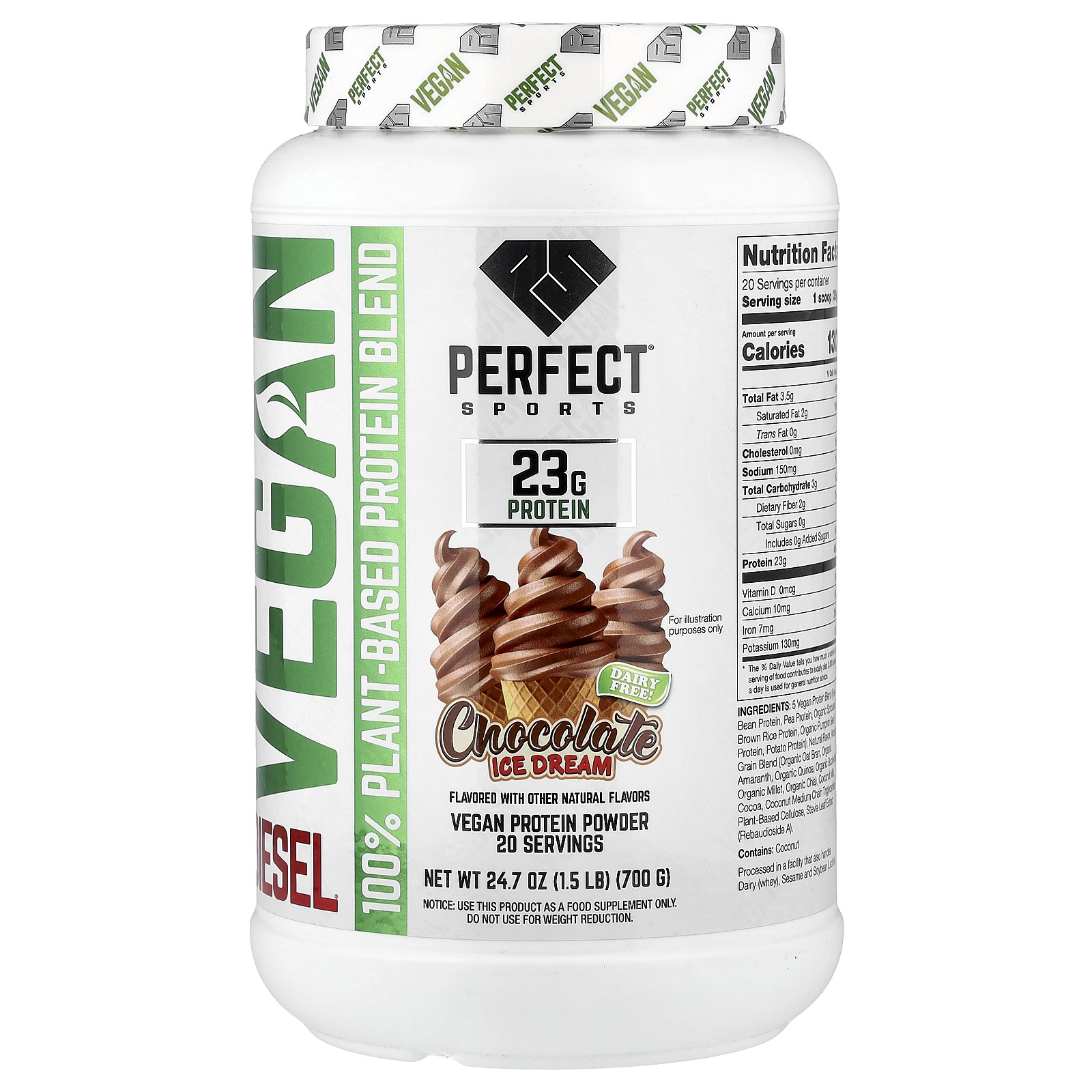 Vegan Diesel, 100% Plant-Based Protein Blend, Chocolate Ice Dream, 1.5 lb (700