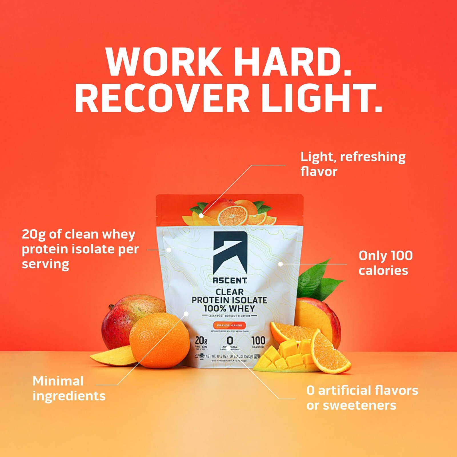 4/27 Ascent 100% Clear Whey Protein Powder Post Workout Orange Mango 20 Servings