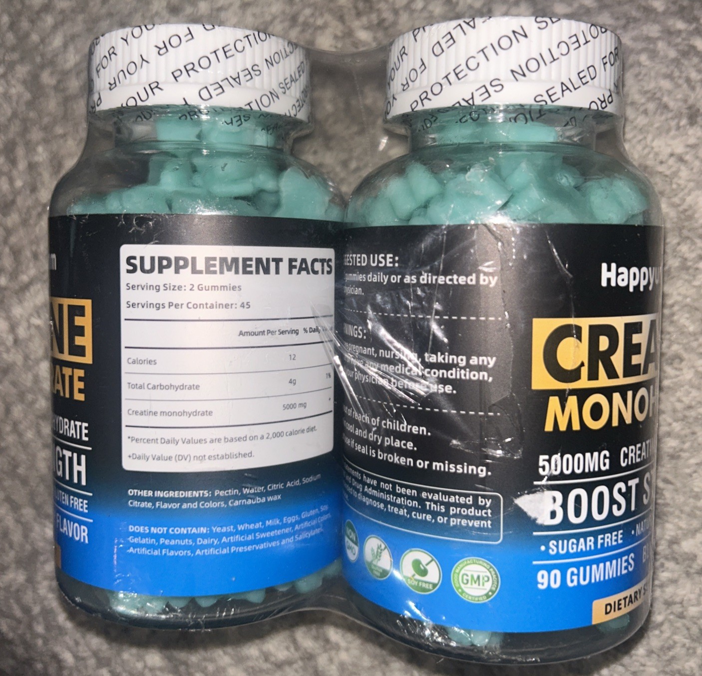 (2 Pack)Happyummmm Creatine Monohydrate 5000MG •120c•Blueberry Flavor(Exp 09/26)